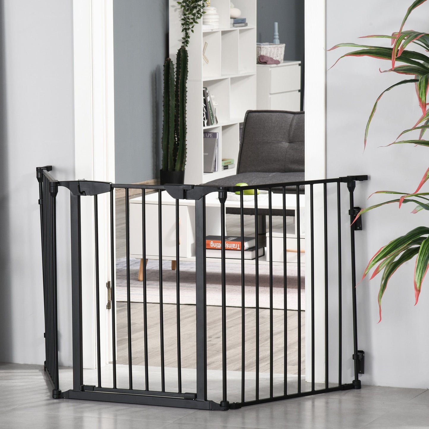 Pet Safety Gate, 3 Panels Playpen Fireplace, Metal Fence, Stair Barrier, Room Divider w/ Walk-Through Door - Black