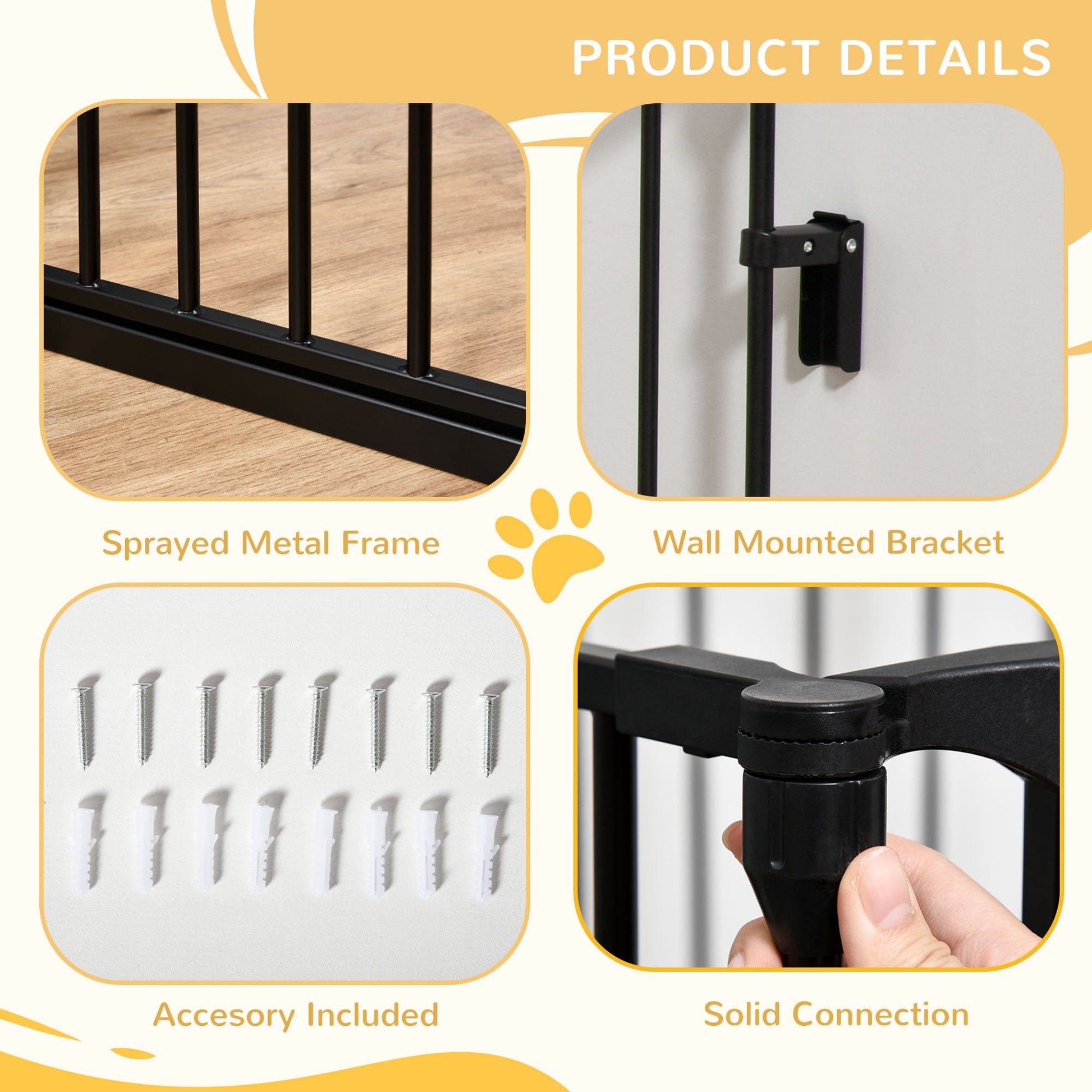 Pet Safety Gate, 3 Panels Playpen Fireplace, Metal Fence, Stair Barrier, Room Divider w/ Walk-Through Door - Black