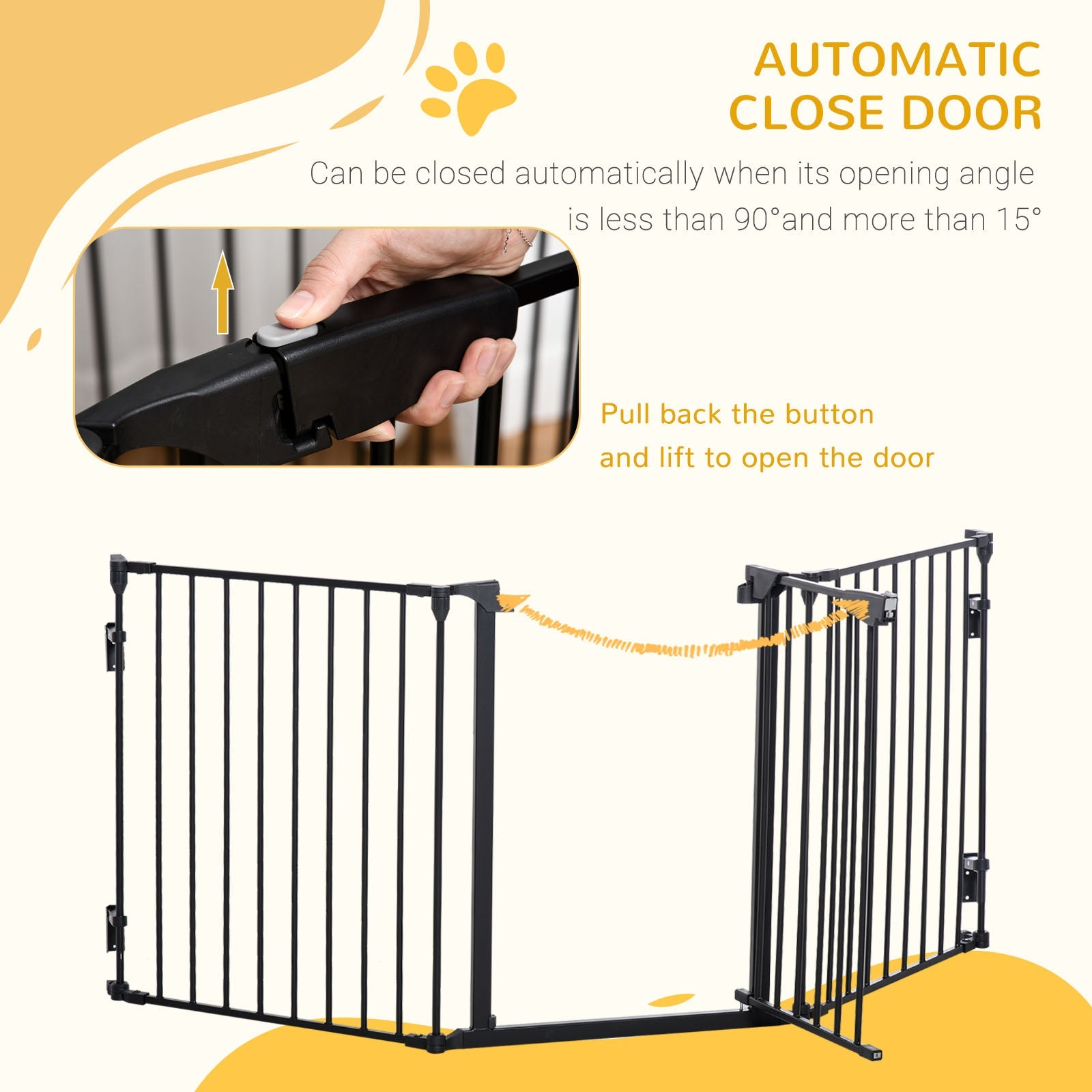 Pet Safety Gate, 3 Panels Playpen Fireplace, Metal Fence, Stair Barrier, Room Divider w/ Walk-Through Door - Black