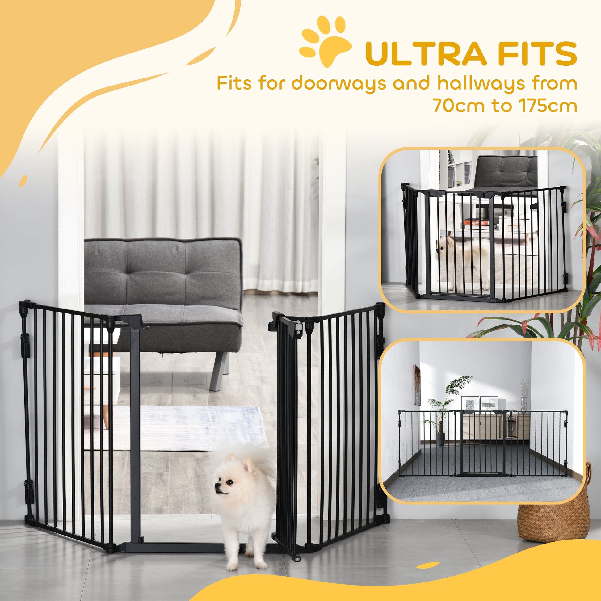 Pet Safety Gate, 3 Panels Playpen Fireplace, Metal Fence, Stair Barrier, Room Divider w/ Walk-Through Door - Black