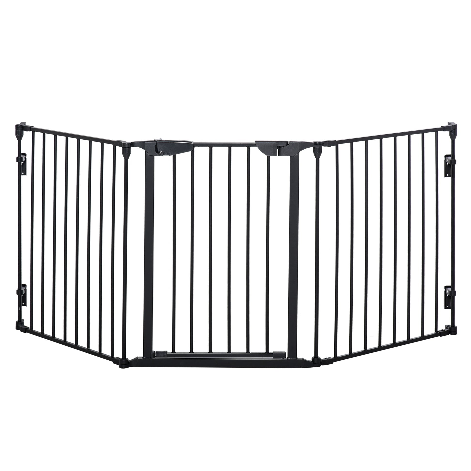 Pet Safety Gate, 3 Panels Playpen Fireplace, Metal Fence, Stair Barrier, Room Divider w/ Walk-Through Door - Black