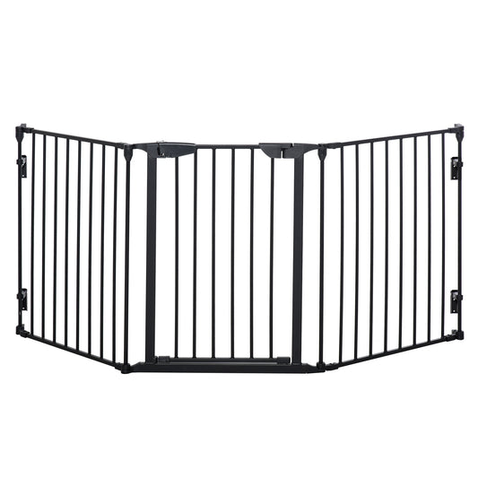 Pet Safety Gate, 3 Panels Playpen Fireplace, Metal Fence, Stair Barrier, Room Divider w/ Walk-Through Door - Black