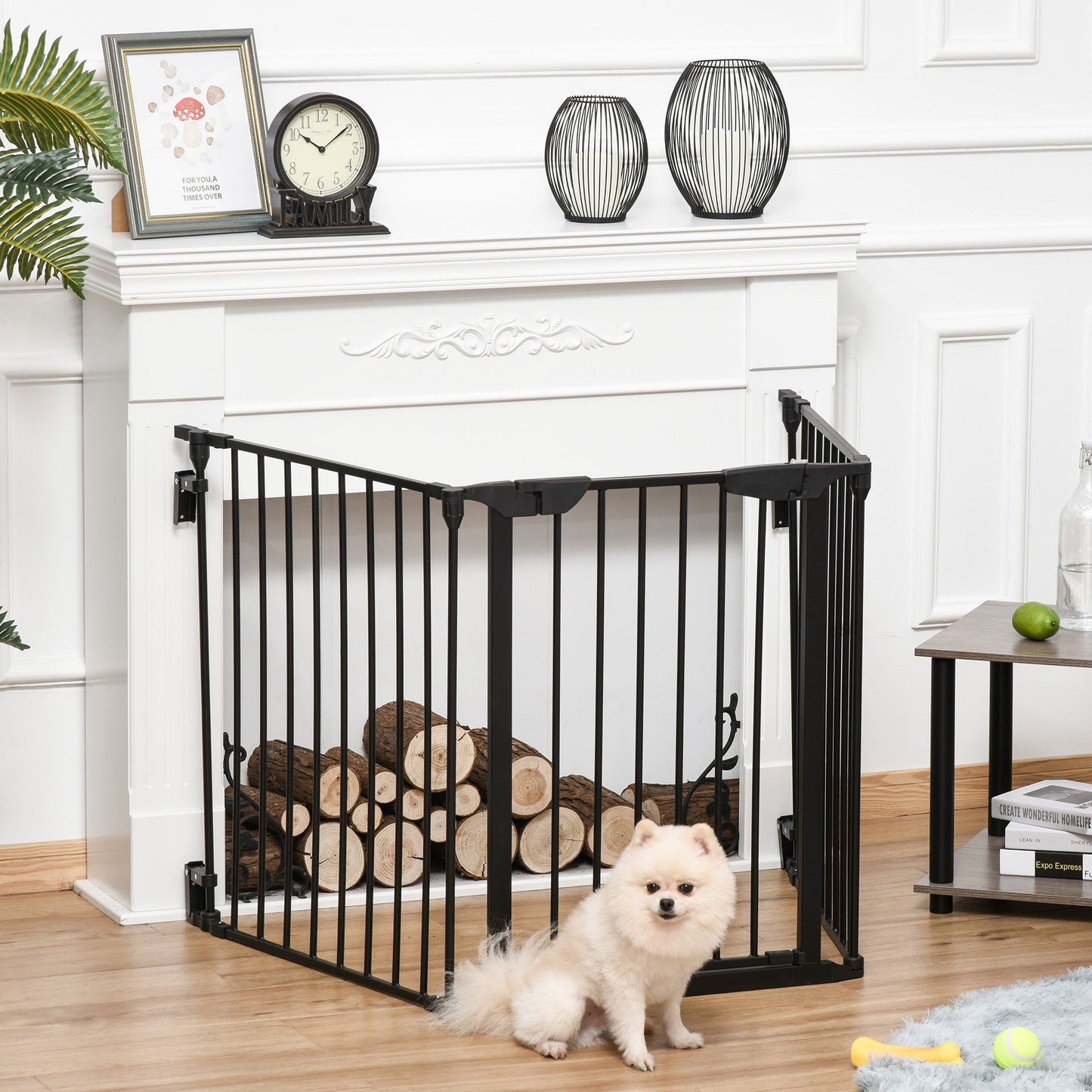 Pet Safety Gate, 3 Panels Playpen Fireplace, Metal Fence, Stair Barrier, Room Divider w/ Walk-Through Door - Black