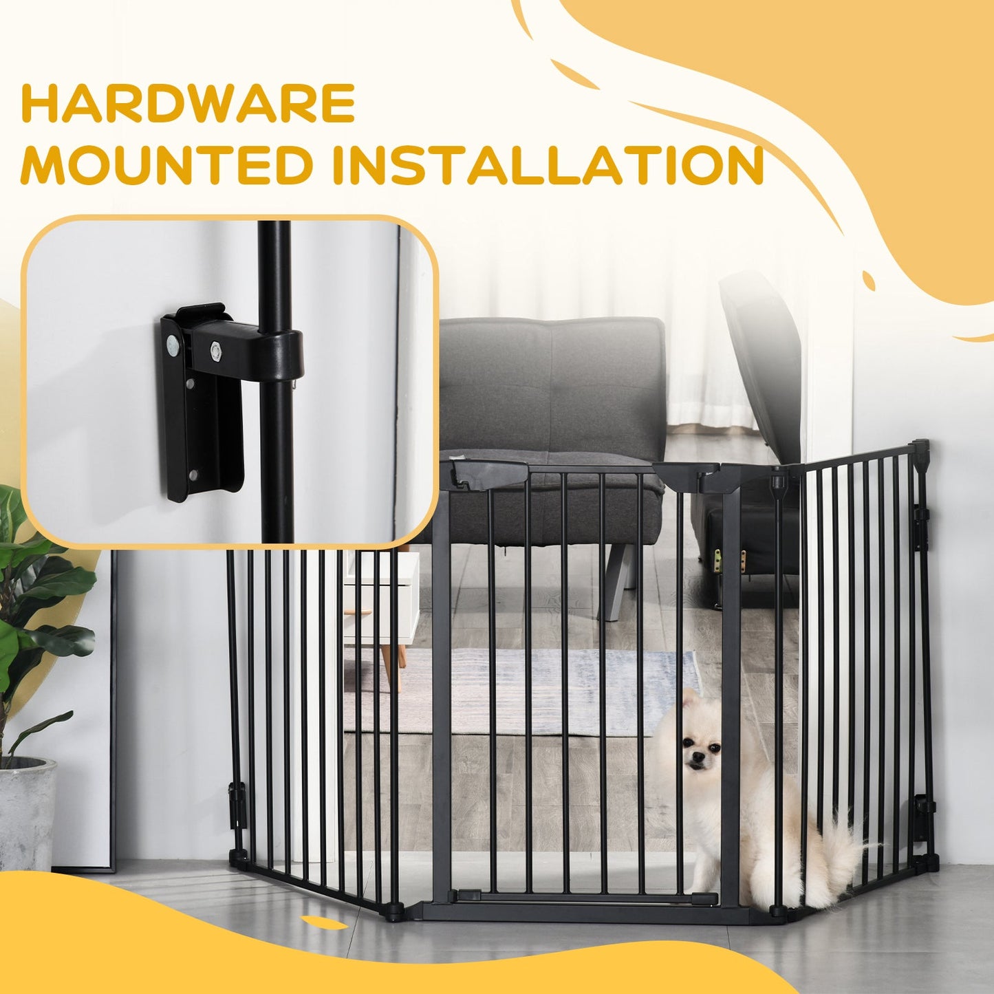 Pet Safety Gate, 3 Panels Playpen Fireplace, Metal Fence, Stair Barrier, Room Divider w/ Walk-Through Door - Black