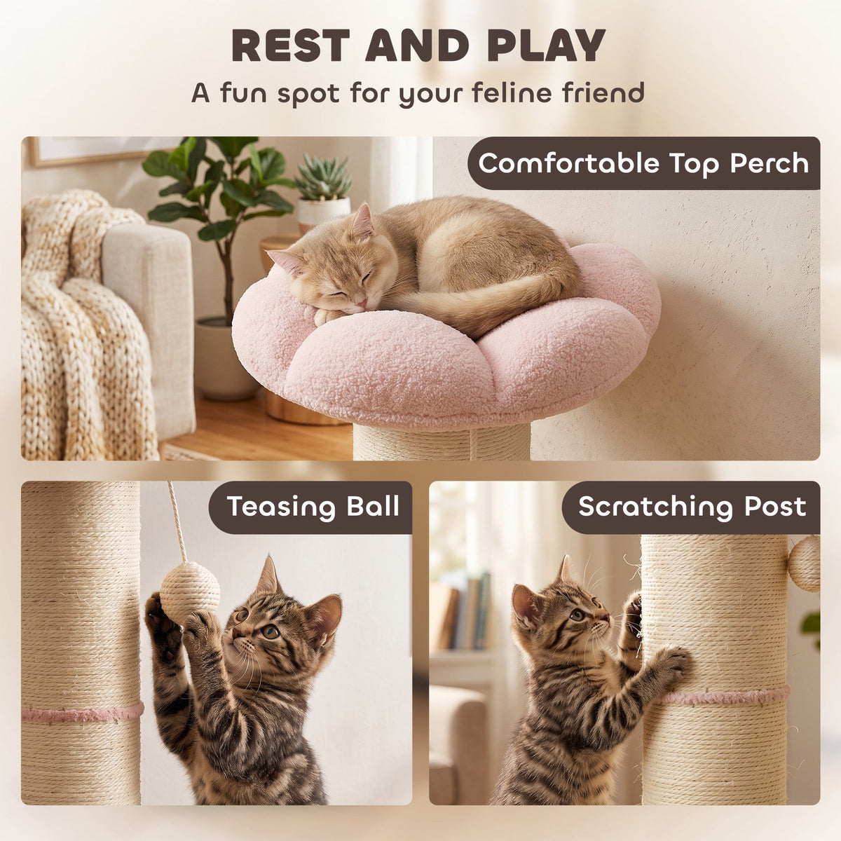Cat Tree, Flower Cat Scratching Post with Thick Sisal Post, Dangling & Spring Balls, Bed, Kitty Activity Centre for Indoor Kittens, Stable Structure, Easy to Assemble, Pink