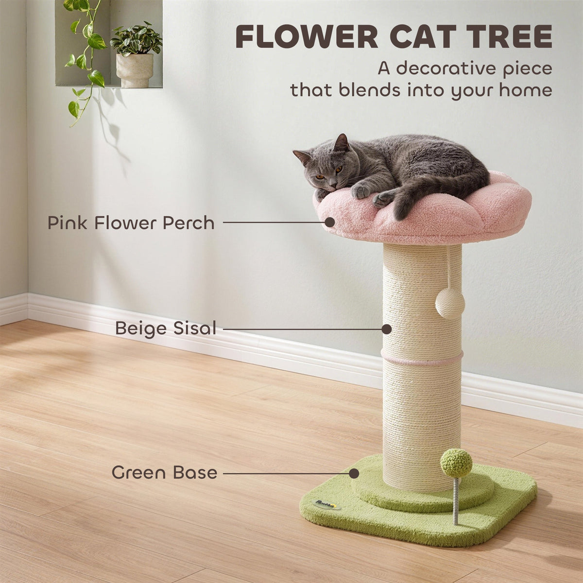 Cat Tree, Flower Cat Scratching Post with Thick Sisal Post, Dangling & Spring Balls, Bed, Kitty Activity Centre for Indoor Kittens, Stable Structure, Easy to Assemble, Pink