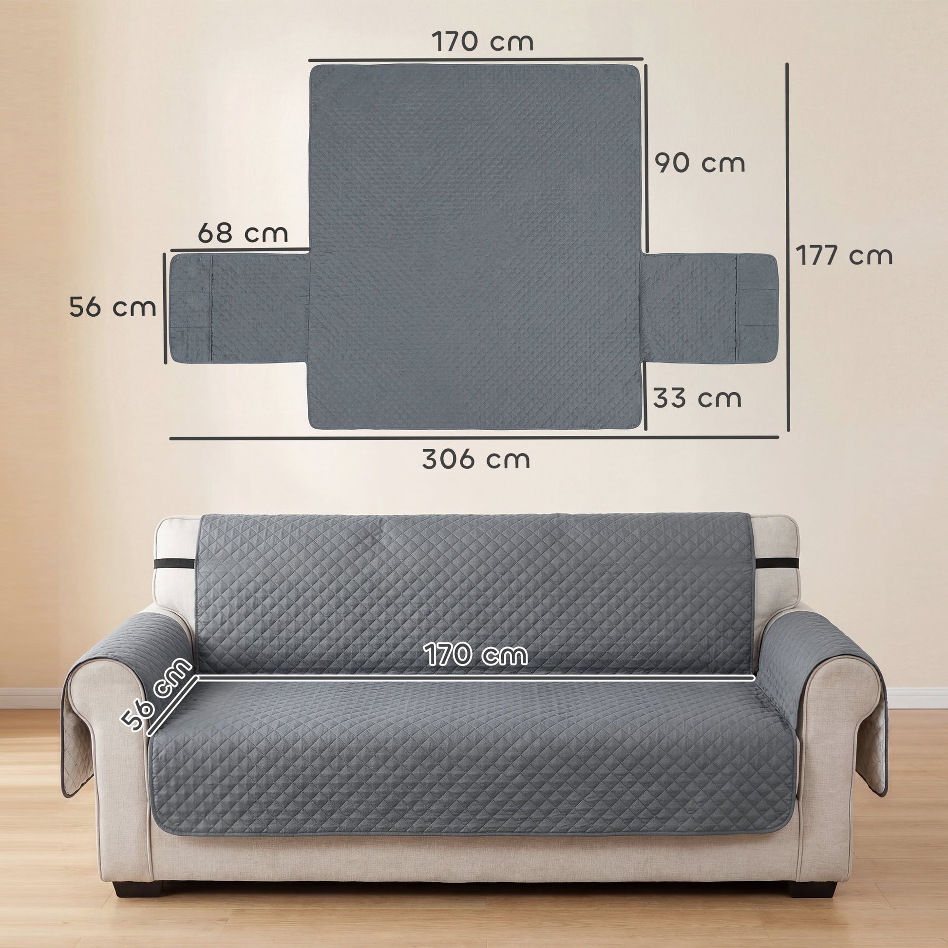 Waterproof Sofa Cover 3 Seater, Soft Couch Cover for Dogs Cats Pets, Non Slip Sofa Slipcoevr with Elastic Straps Furniture Protector for Living Room, Grey