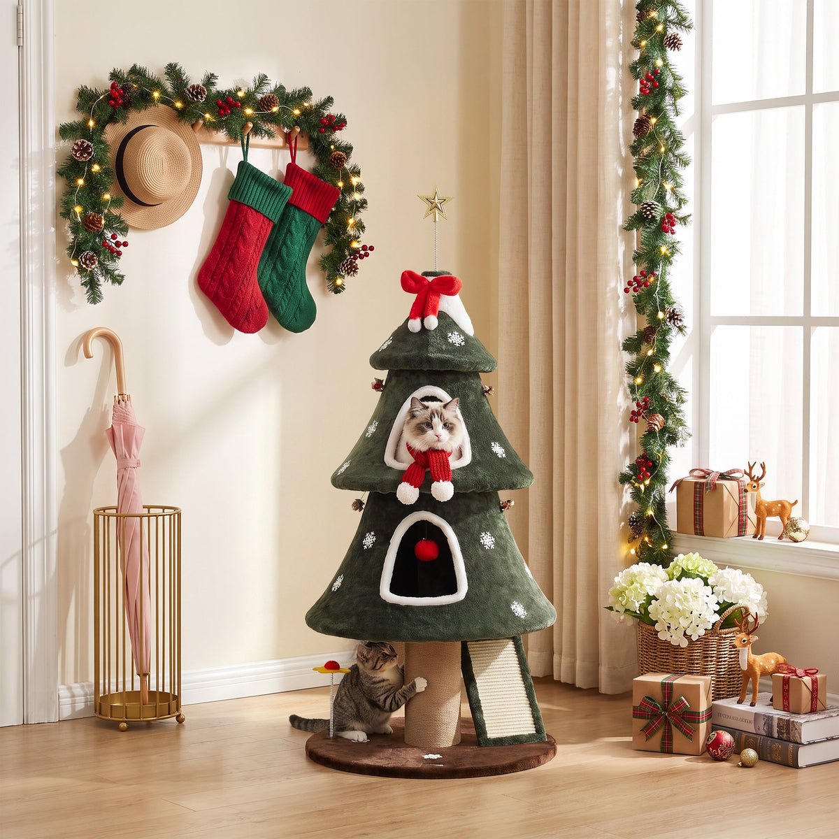 Cat Tree, Christmas Cat Tower with Dual Condos, Sisal Ladder, Jute Posts, Anti-Tip Rope, Hanging Balls, Scratching Post for Indoor Kittens, 60 x 60 x 132 cm, Green