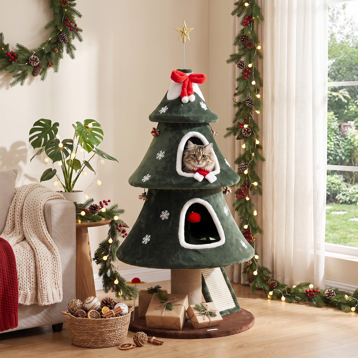 Cat Tree, Christmas Cat Tower with Dual Condos, Sisal Ladder, Jute Posts, Anti-Tip Rope, Hanging Balls, Scratching Post for Indoor Kittens, 60 x 60 x 132 cm, Green
