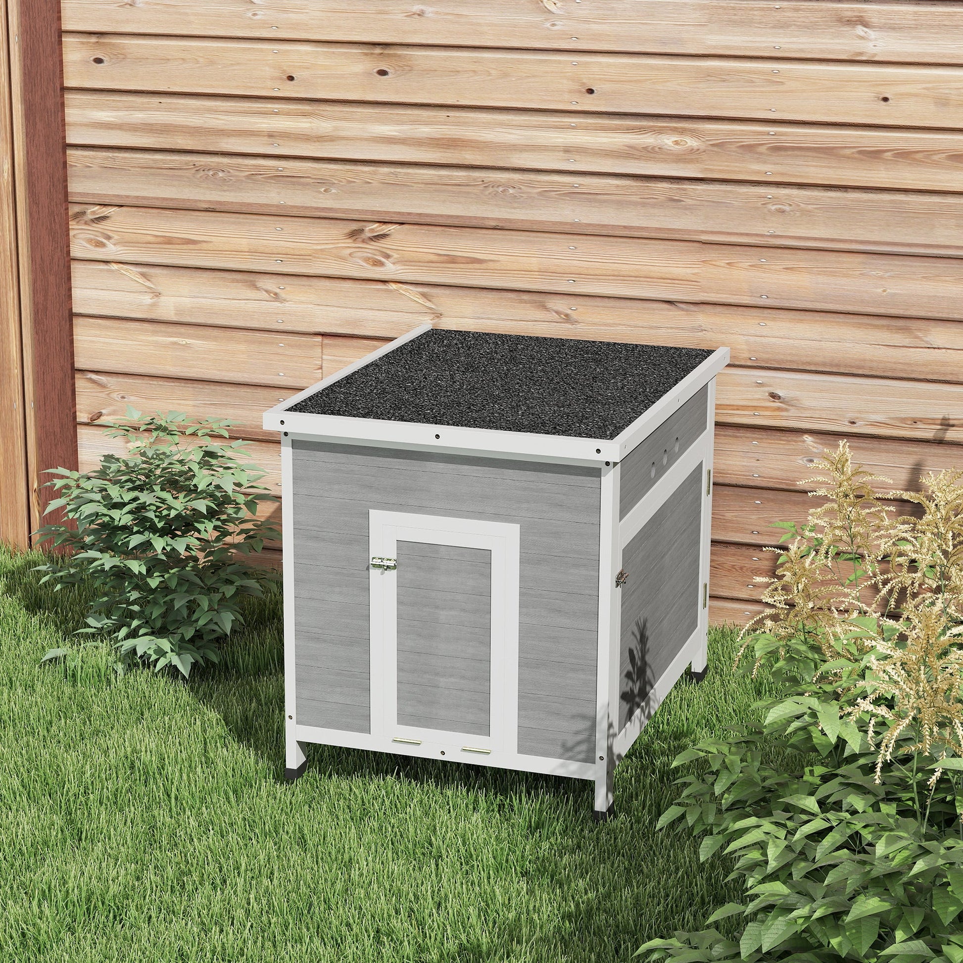 Wooden Duck House, Raised Poultry Coop with Ramp, Double Doors, Openable Asphalt Roof, Ventilation Holes, Removable Base, for 2-4 Ducks, Chickens, Geese, Light Grey