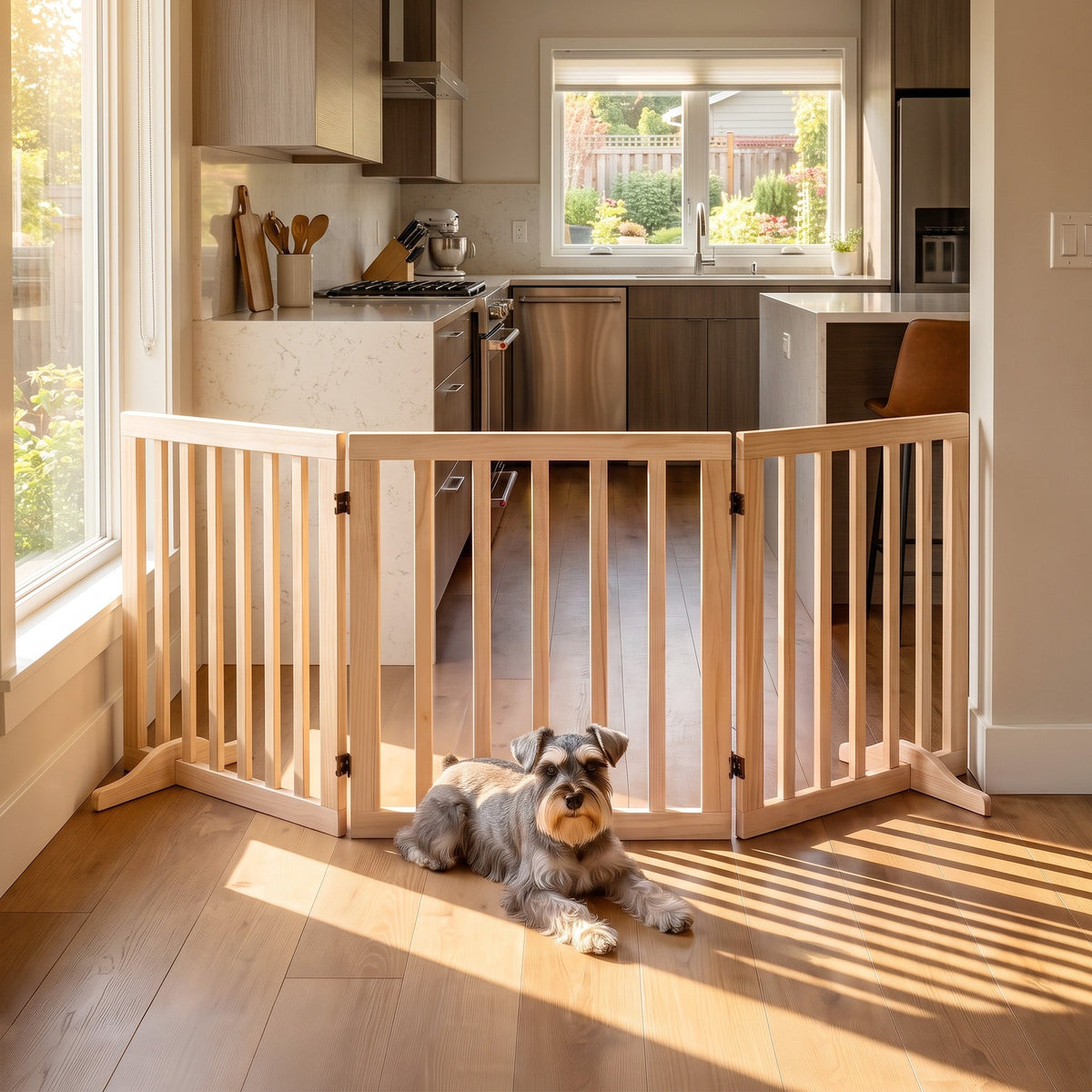Wooden Dog Gate, 3-Panel Freestanding Pet Gates Indoor with 2 Support Feet and 360° Flexible Hinges, Foldable Dog Barrier for Stairs, Doorways, Bedrooms, 61H cm, Natural