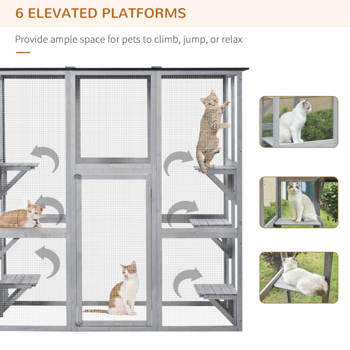 Large Outdoor Cat House, Walk-in Cat Enclosure, Wooden Catio with 6 Jumping Platforms, Waterproof Asphalt Roof