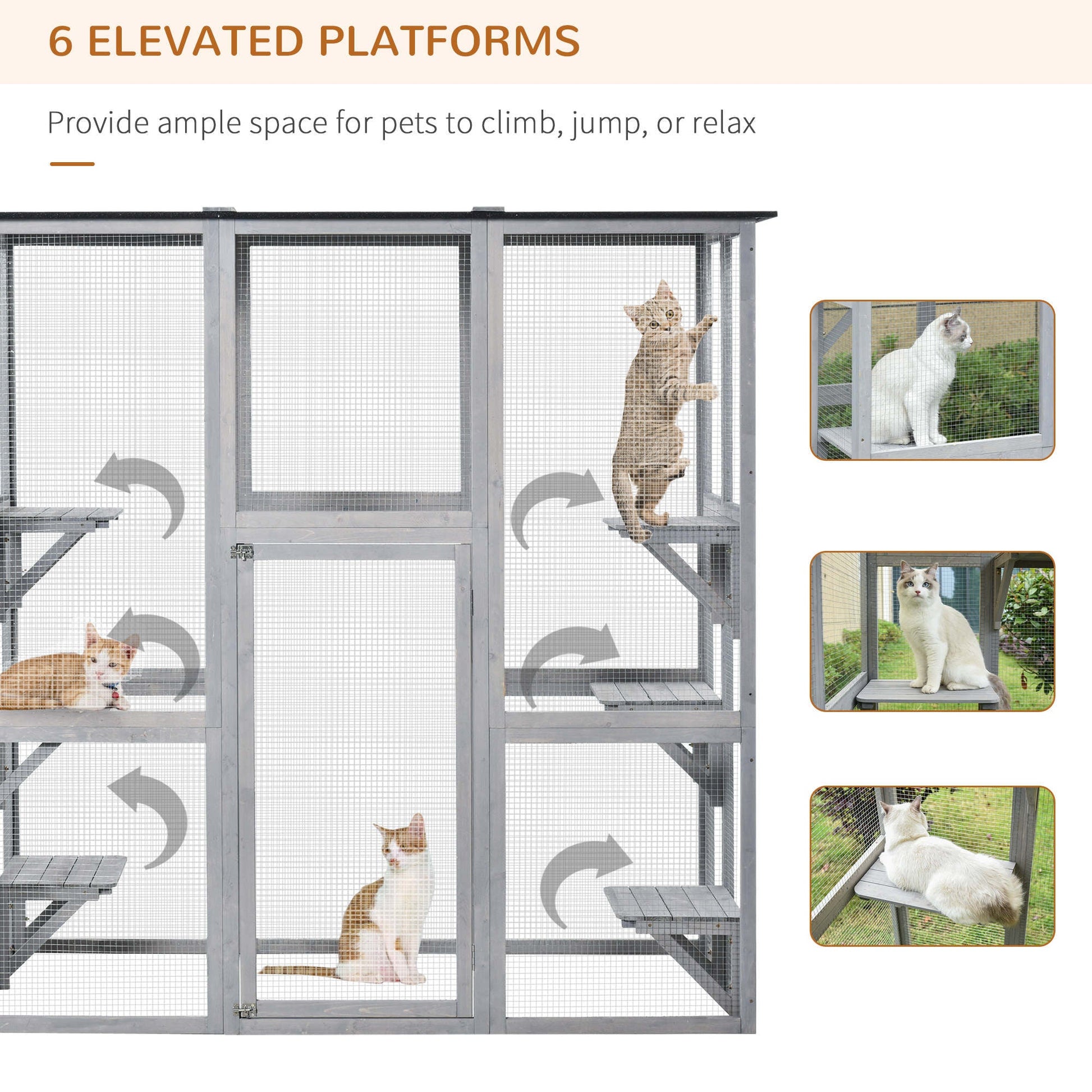 Large Outdoor Cat House, Walk-in Cat Enclosure, Wooden Catio with 6 Jumping Platforms, Waterproof Asphalt Roof