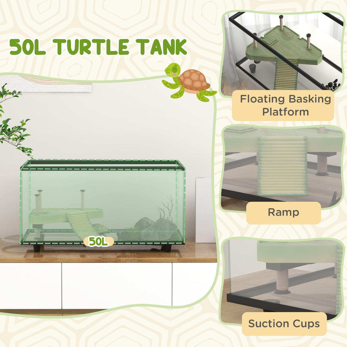 Turtle Tank, 50L Glass Turtle Aquarium with Basking Platform, Ramp, Easy Drainage, Strip Patch Thermometer, for Small Turtles, 60 x 30 x 32cm