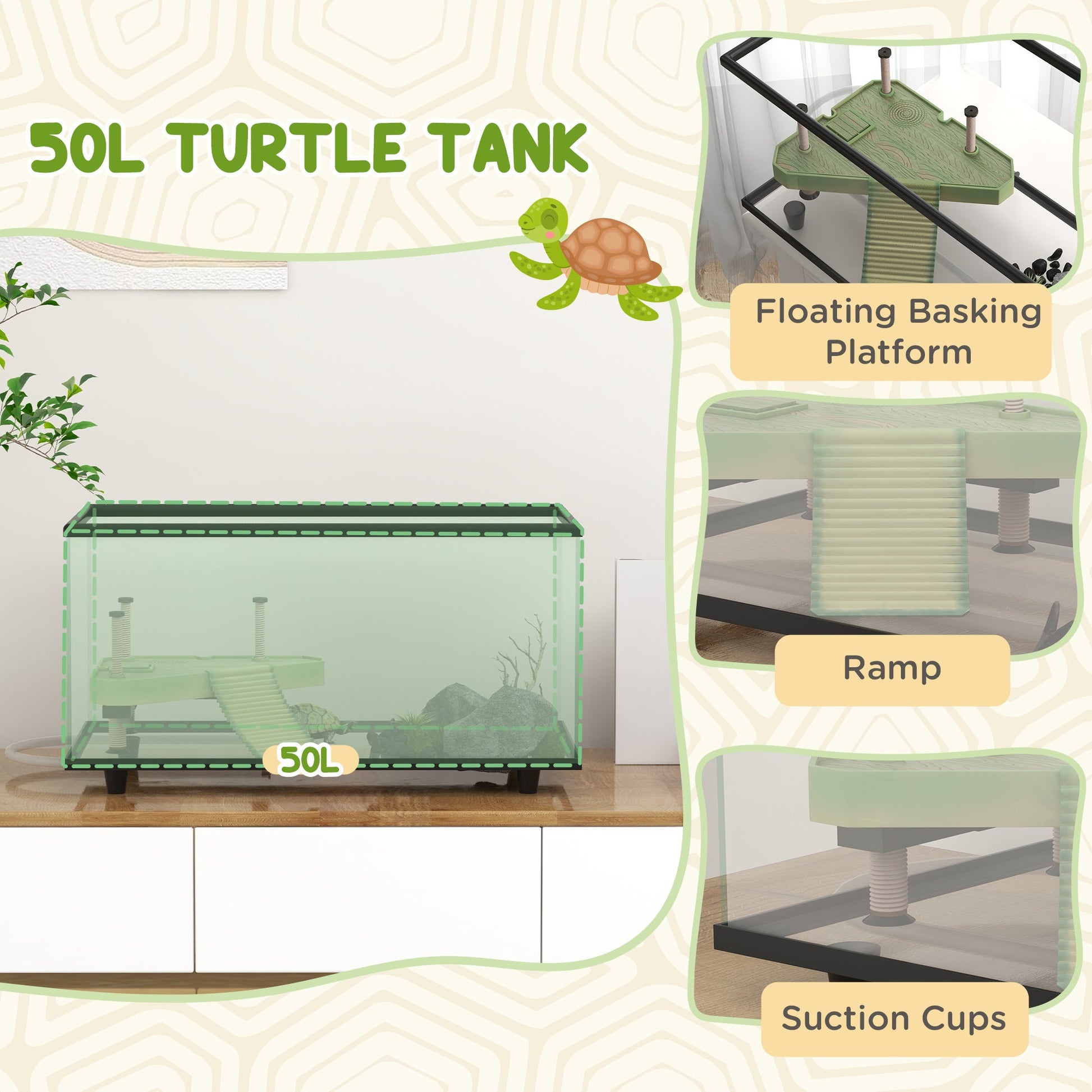 Turtle Tank, 50L Glass Turtle Aquarium with Basking Platform, Ramp, Easy Drainage, Strip Patch Thermometer, for Small Turtles, 60 x 30 x 32cm
