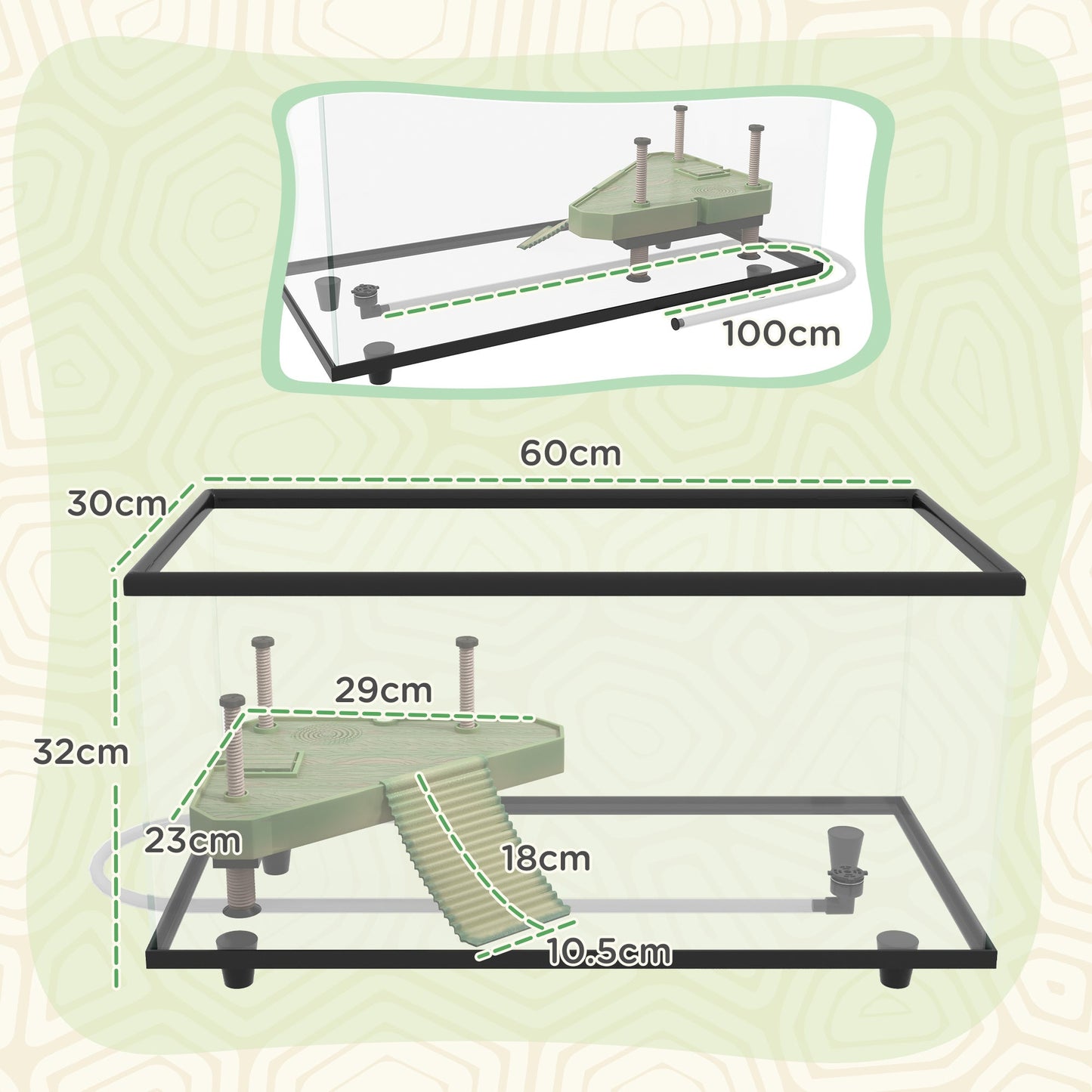 Turtle Tank, 50L Glass Turtle Aquarium with Basking Platform, Ramp, Easy Drainage, Strip Patch Thermometer, for Small Turtles, 60 x 30 x 32cm