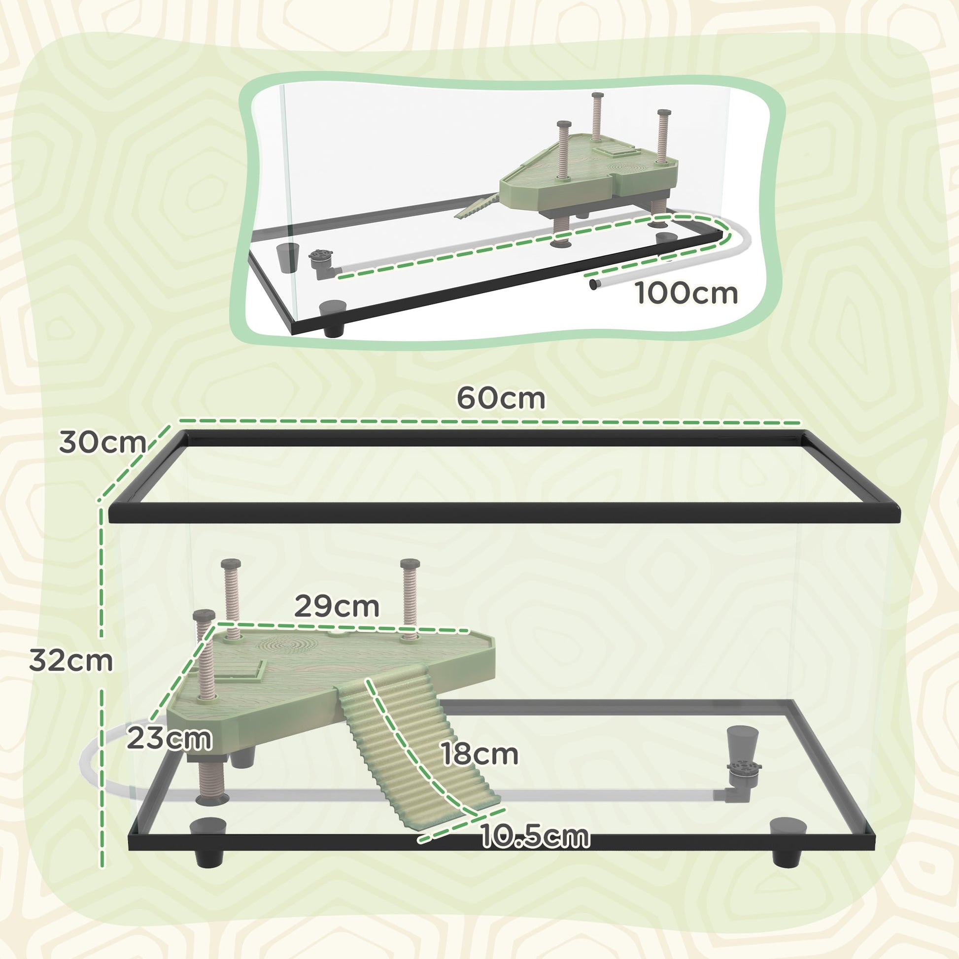 Turtle Tank, 50L Glass Turtle Aquarium with Basking Platform, Ramp, Easy Drainage, Strip Patch Thermometer, for Small Turtles, 60 x 30 x 32cm