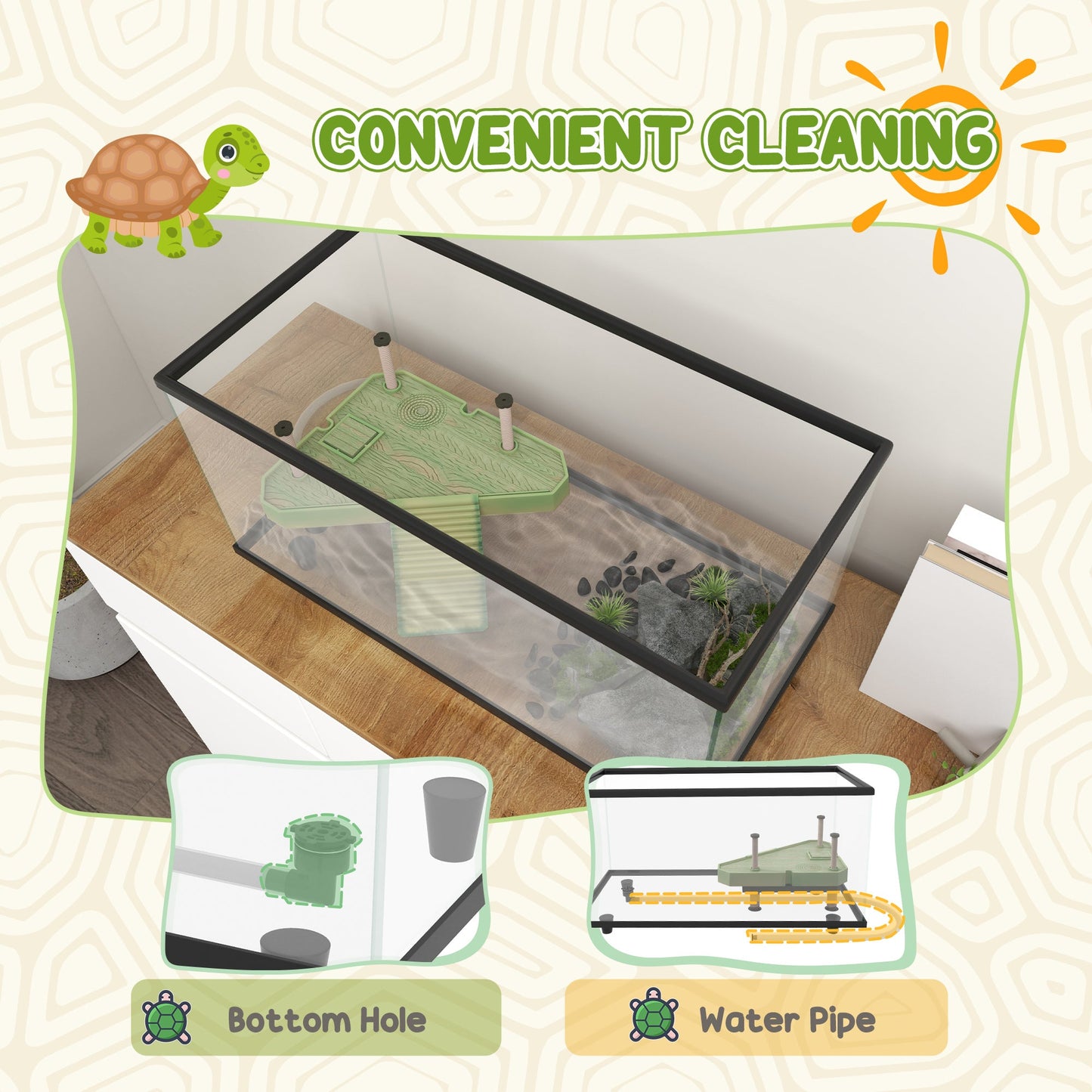 Turtle Tank, 50L Glass Turtle Aquarium with Basking Platform, Ramp, Easy Drainage, Strip Patch Thermometer, for Small Turtles, 60 x 30 x 32cm