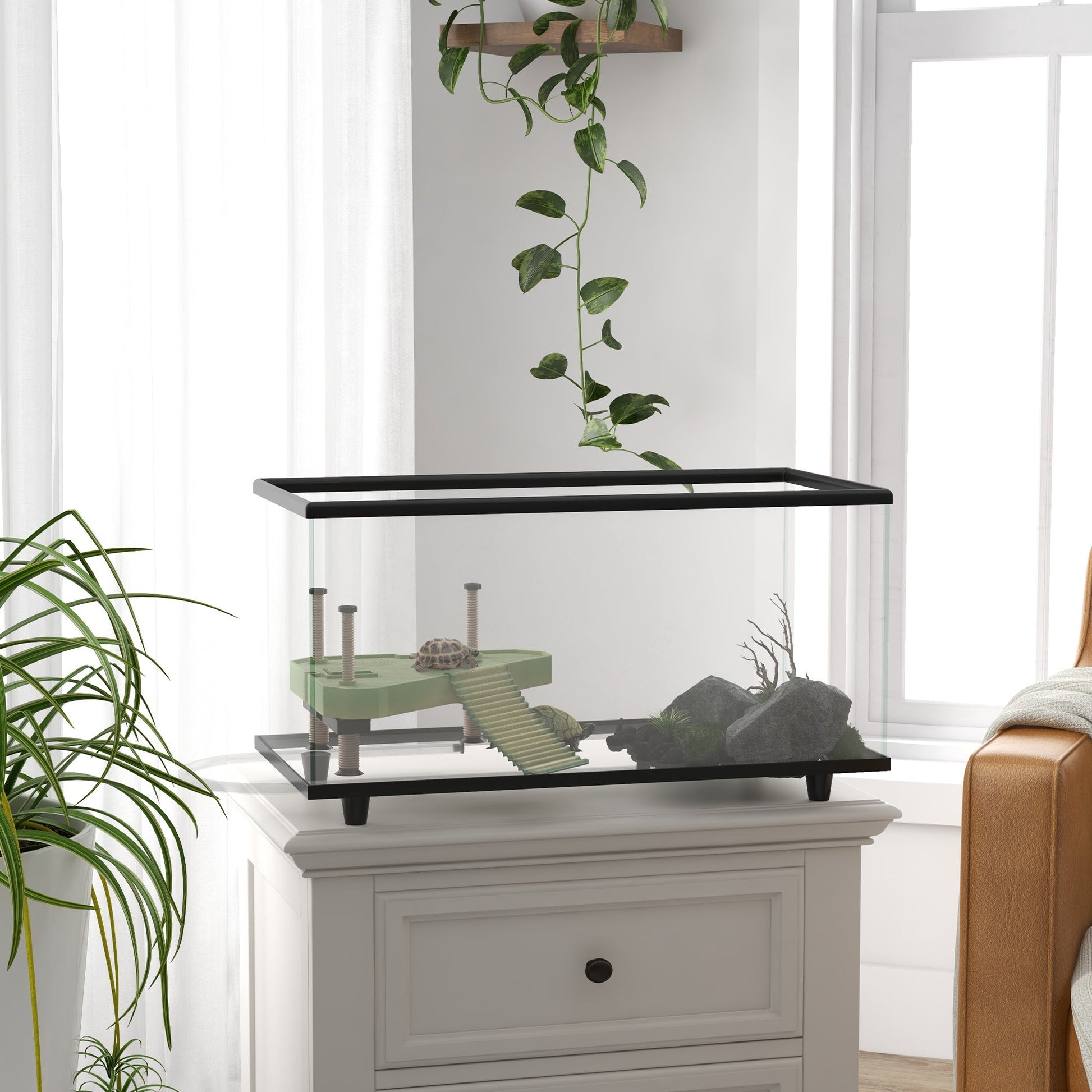 Turtle Tank, 50L Glass Turtle Aquarium with Basking Platform, Ramp, Easy Drainage, Strip Patch Thermometer, for Small Turtles, 60 x 30 x 32cm