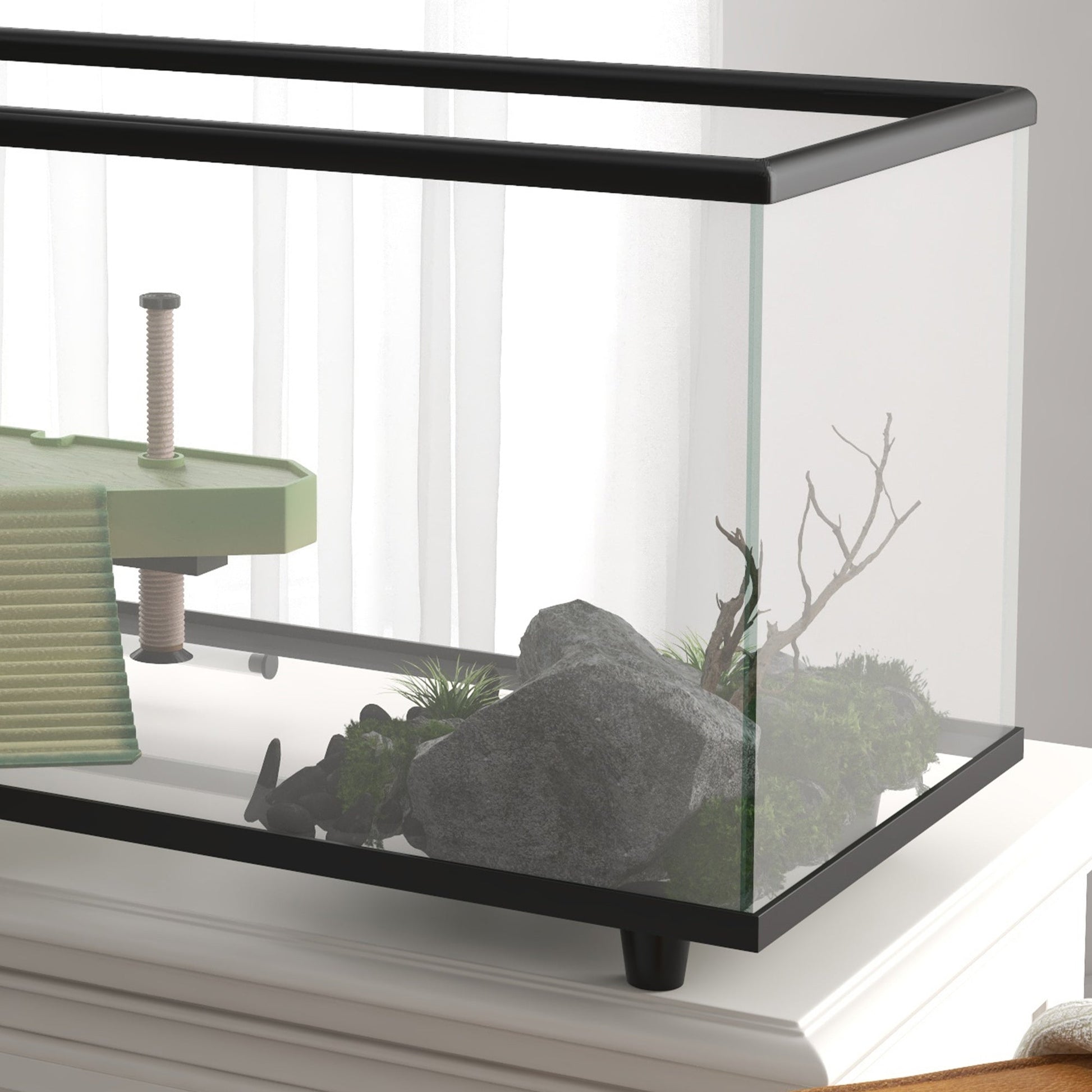 Turtle Tank, 50L Glass Turtle Aquarium with Basking Platform, Ramp, Easy Drainage, Strip Patch Thermometer, for Small Turtles, 60 x 30 x 32cm