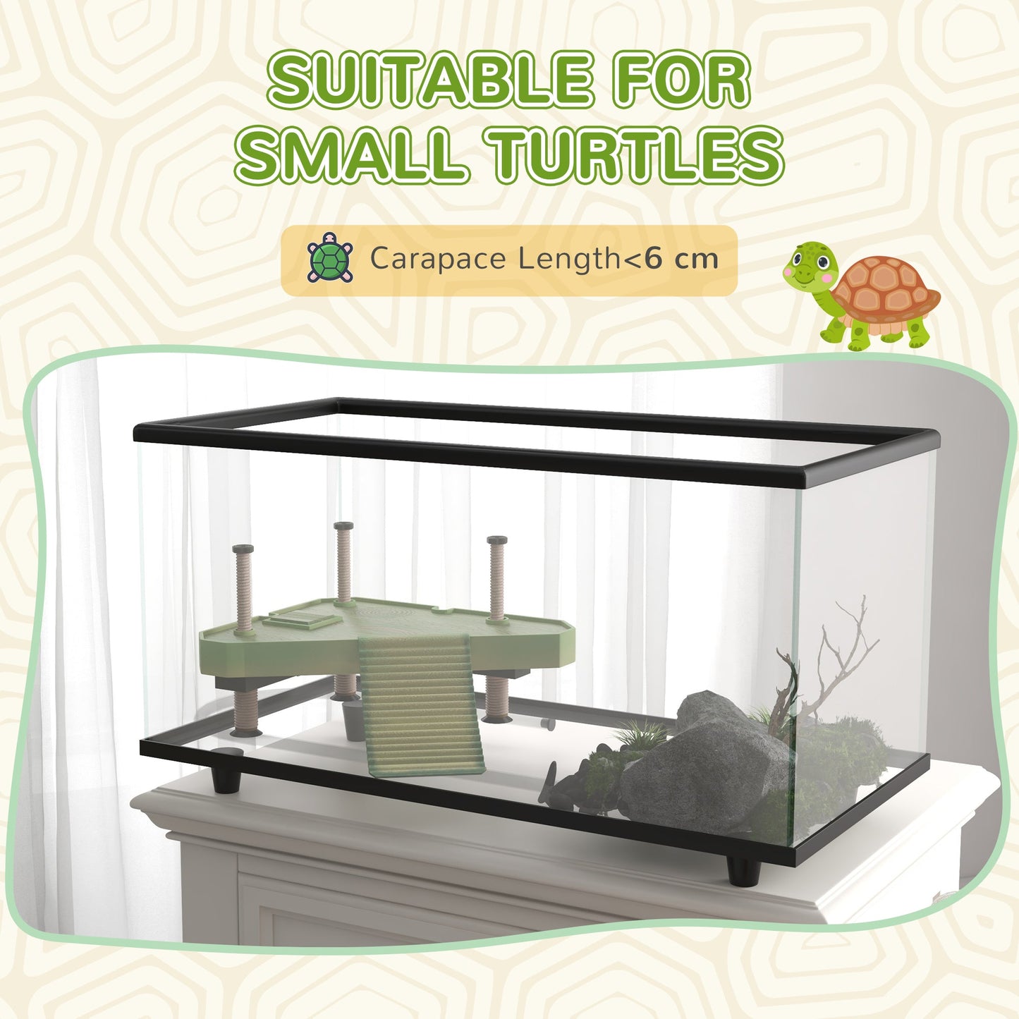 Turtle Tank, 50L Glass Turtle Aquarium with Basking Platform, Ramp, Easy Drainage, Strip Patch Thermometer, for Small Turtles, 60 x 30 x 32cm