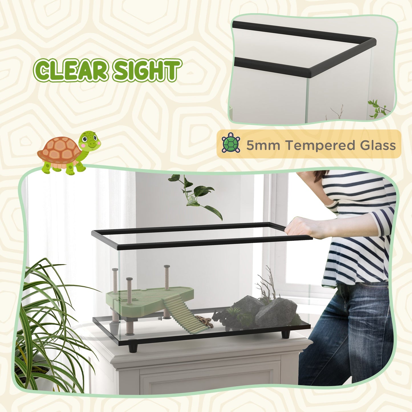 Turtle Tank, 50L Glass Turtle Aquarium with Basking Platform, Ramp, Easy Drainage, Strip Patch Thermometer, for Small Turtles, 60 x 30 x 32cm