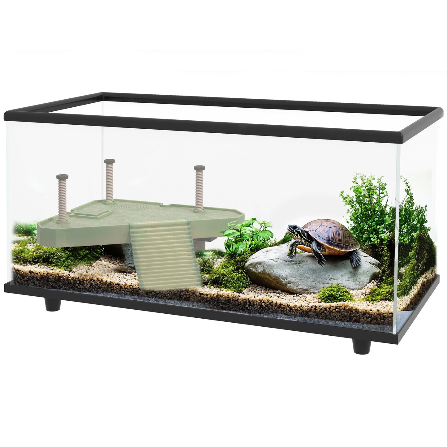 Turtle Tank, 50L Glass Turtle Aquarium with Basking Platform, Ramp, Easy Drainage, Strip Patch Thermometer, for Small Turtles, 60 x 30 x 32cm