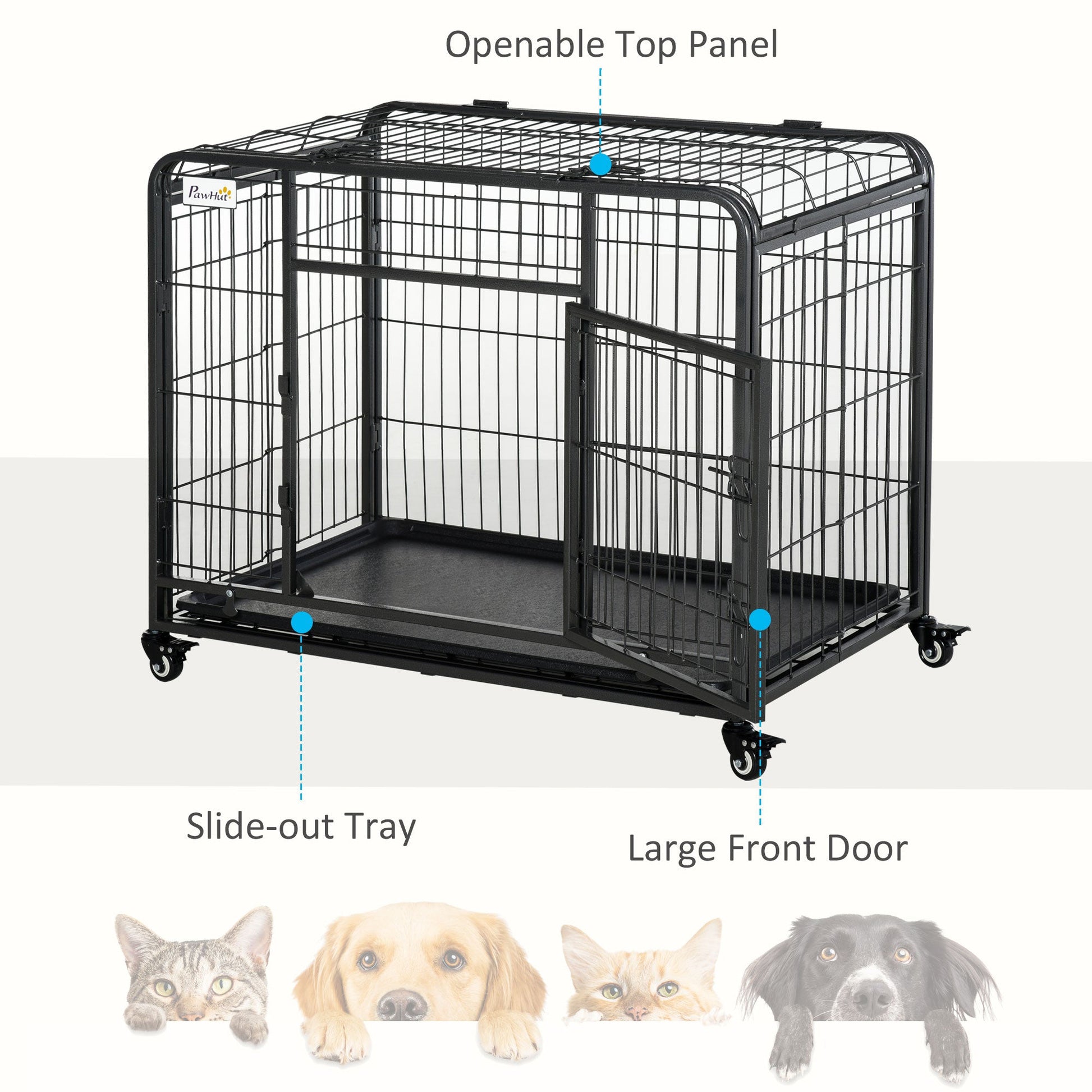Metal Dog Cage Kennel Locking Door & Wheels Removable Tray Openable Top For Medium Pets 94 x 58 x 69.5 cm