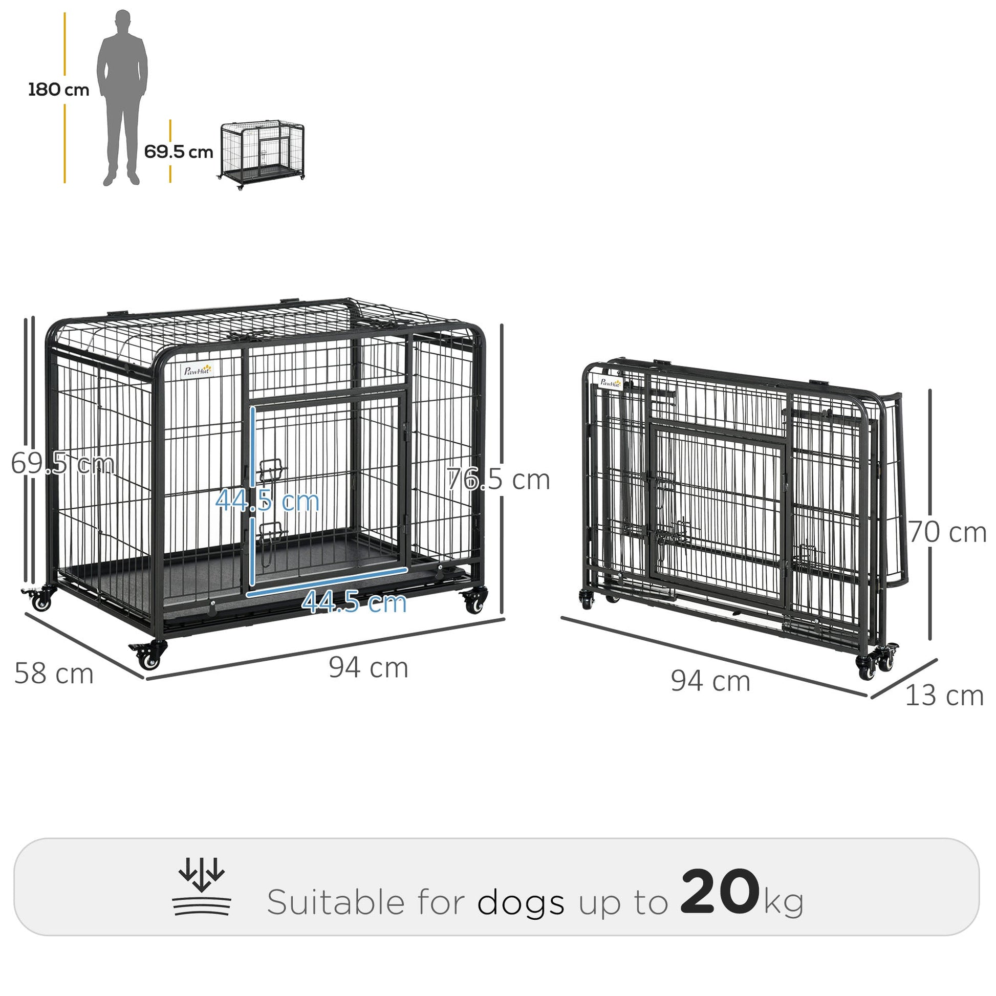 Metal Dog Cage Kennel Locking Door & Wheels Removable Tray Openable Top For Medium Pets 94 x 58 x 69.5 cm