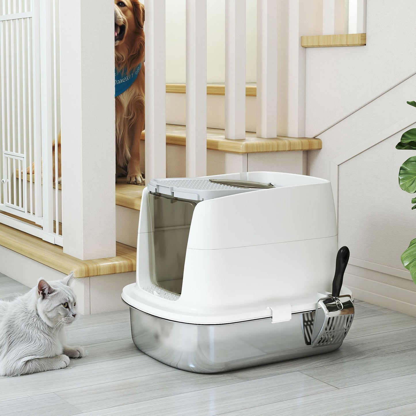 Stainless Steel Litter Box with Lid, Large Hooded Cat Litter Tray with Flip Cover, Metal Scoop, Deodoriser Bag, Non-Sticky, Odour Control and Easy Clean, White