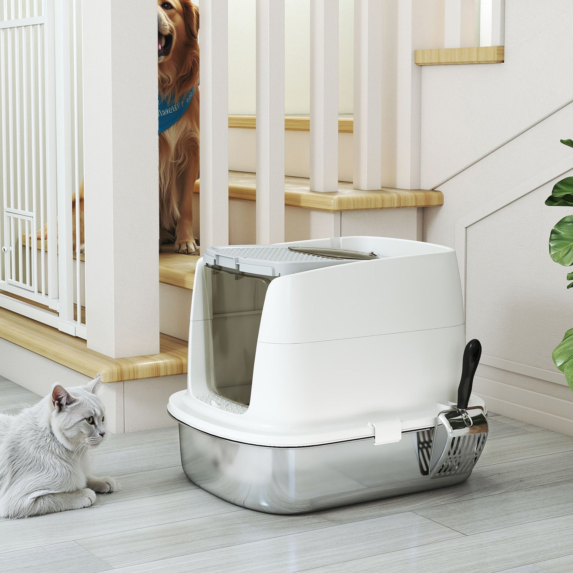 Stainless Steel Litter Box with Lid, Large Hooded Cat Litter Tray with Flip Cover, Metal Scoop, Deodoriser Bag, Non-Sticky, Odour Control and Easy Clean, White