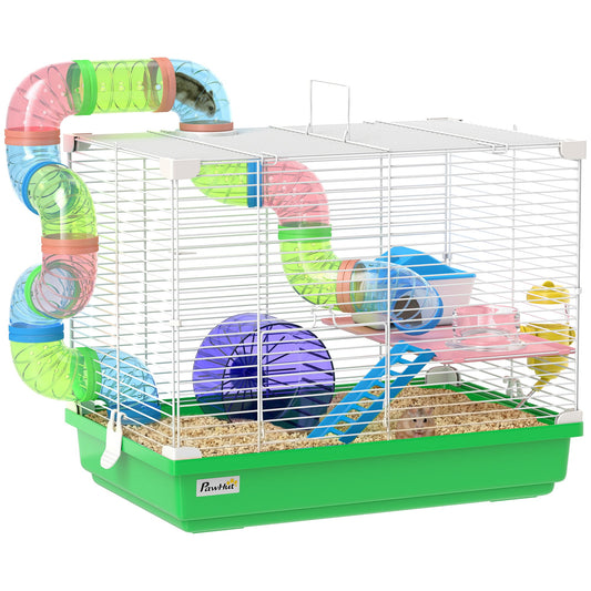 2 Tier Hamster Cage, Gerbil Cage with Handle, Exercise Wheels, Tunnel, Water Bottle, Dishes, Ladder, for Dwarf Hamster, Green