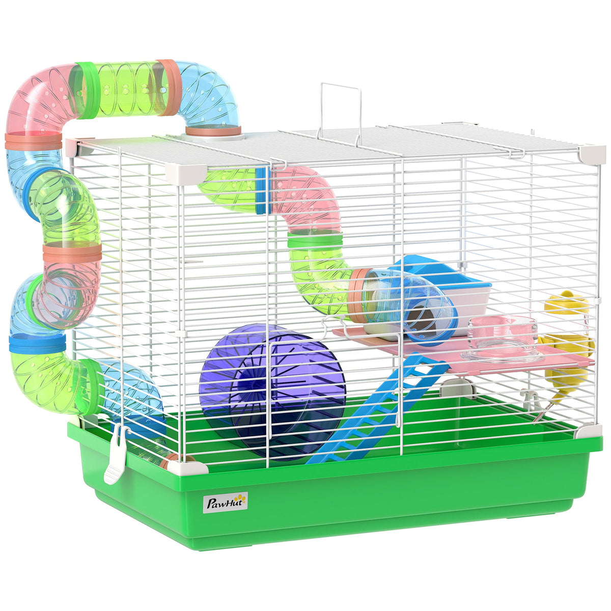 2 Tier Hamster Cage, Gerbil Cage with Handle, Exercise Wheels, Tunnel, Water Bottle, Dishes, Ladder, for Dwarf Hamster, Green