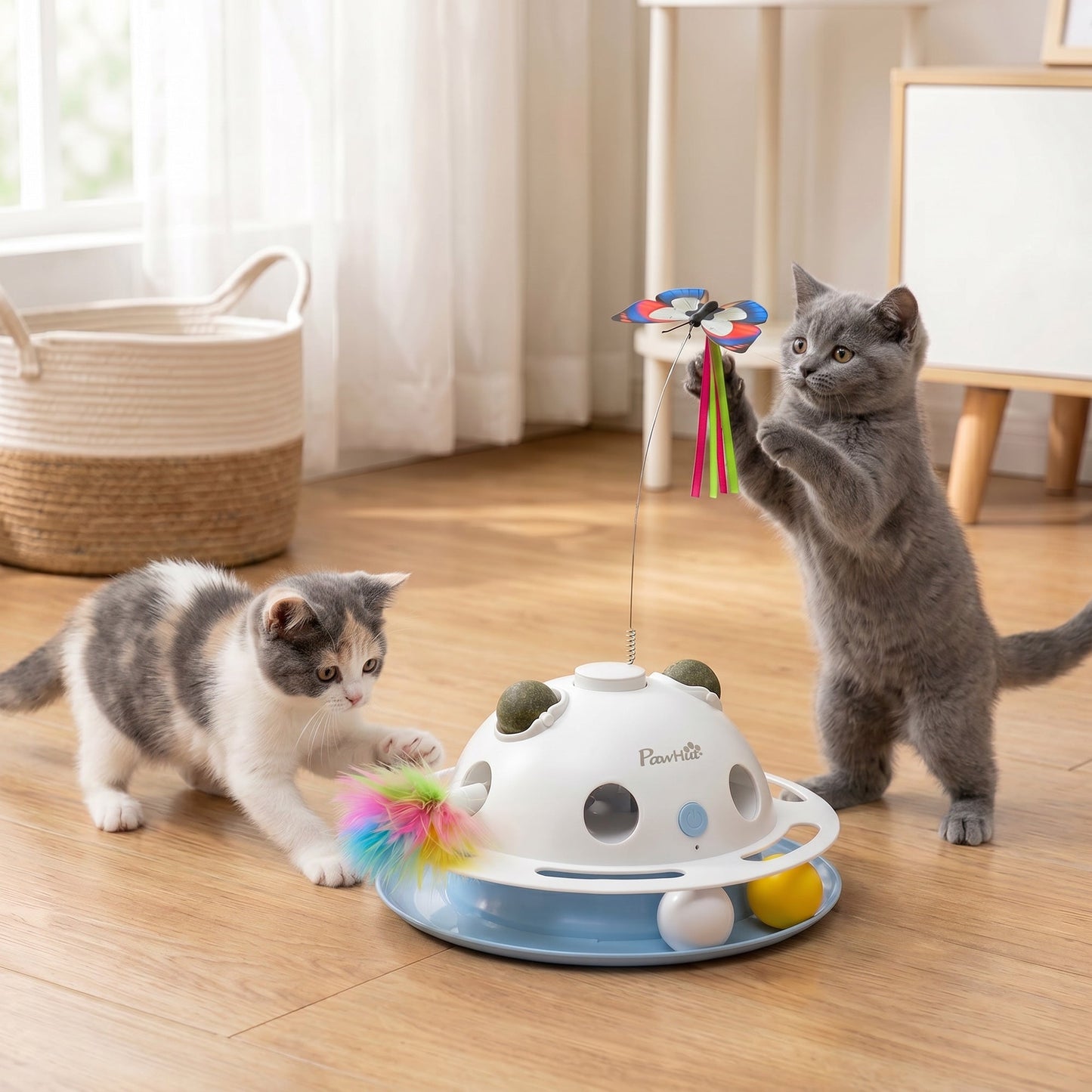 4-in-1 Interactive Cat Toys for Indoor Cats Adult, Automatic Smart Sensing Kitten Toy with Spinning Butterfly, Shooting Feathers & Catnip Balls, Dual Power Mode for Boredom Relief