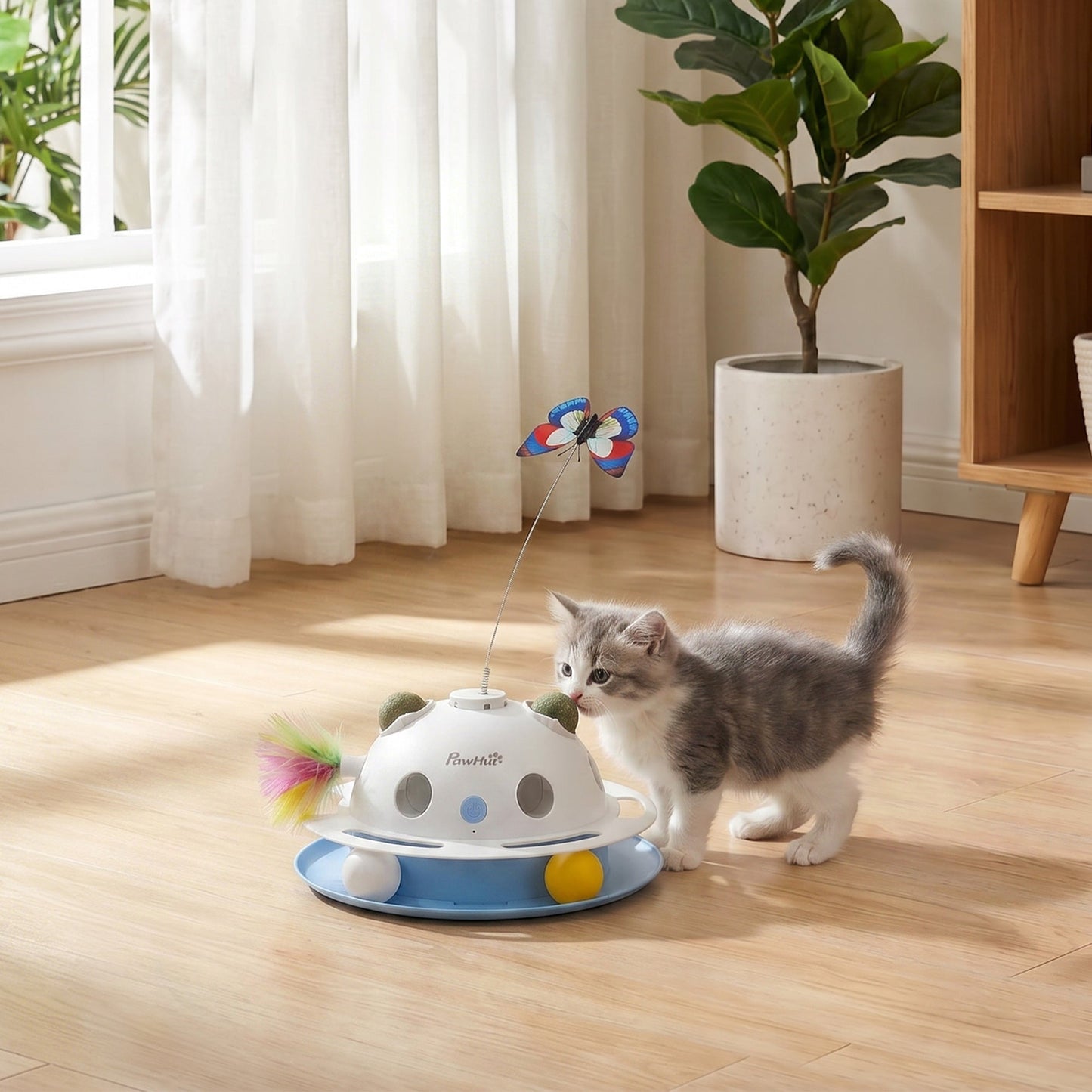 4-in-1 Interactive Cat Toys for Indoor Cats Adult, Automatic Smart Sensing Kitten Toy with Spinning Butterfly, Shooting Feathers & Catnip Balls, Dual Power Mode for Boredom Relief