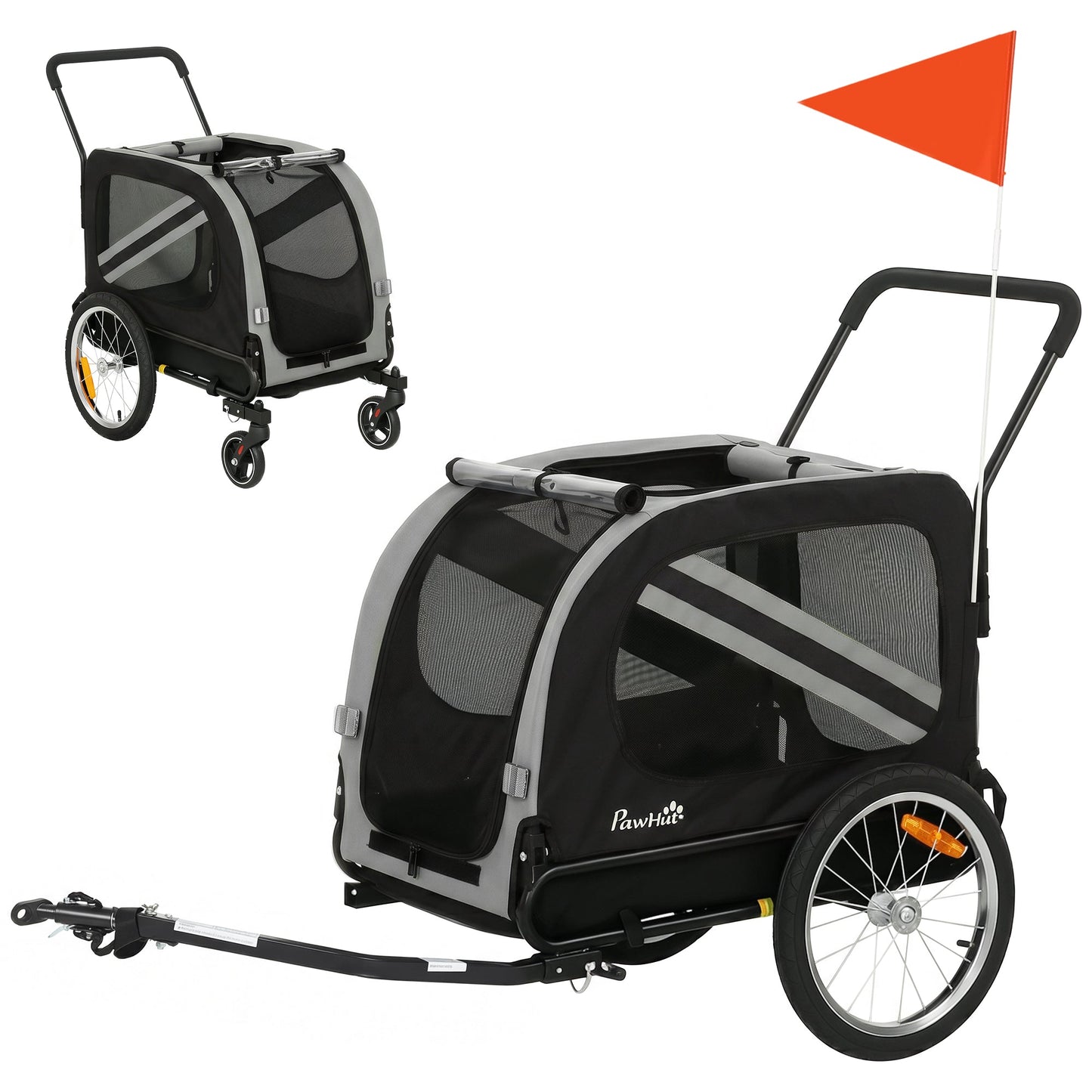 Dog Bike Trailer, 2 in 1 Foldable Pet Stroller Security Harness, Reflectors, Quick Release Wheels, Flag, for Medium Dogs, Grey
