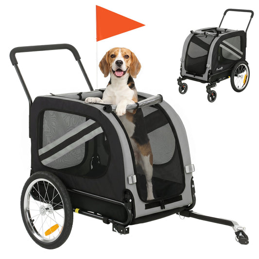 Dog Bike Trailer, 2 in 1 Foldable Pet Stroller Security Harness, Reflectors, Quick Release Wheels, Flag, for Medium Dogs, Grey