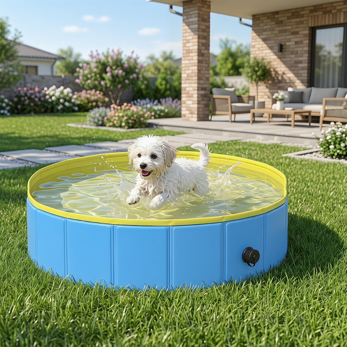 Foldable Dog Pool for Puppies and Ducks, Thickened PVC Dog Paddling Pool Bath Tub Hard Board, Anti-Slip Bottom and Hose Adapter for Easy Drainage, 80 x 20cm, Blue and Yellow