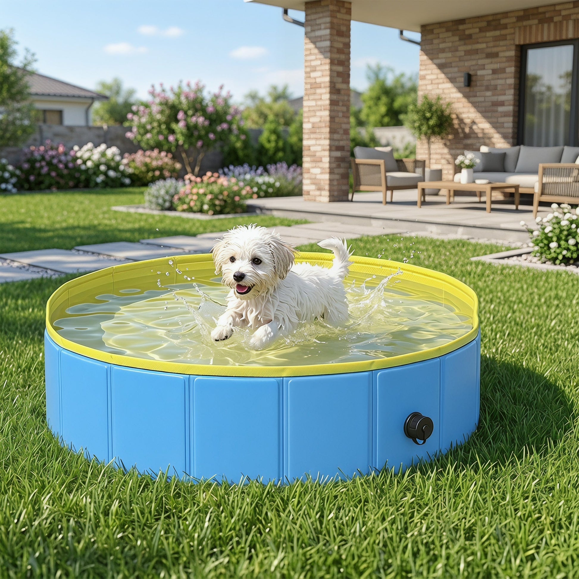 Foldable Dog Pool for Puppies and Ducks, Thickened PVC Dog Paddling Pool Bath Tub Hard Board, Anti-Slip Bottom and Hose Adapter for Easy Drainage, 80 x 20cm, Blue and Yellow