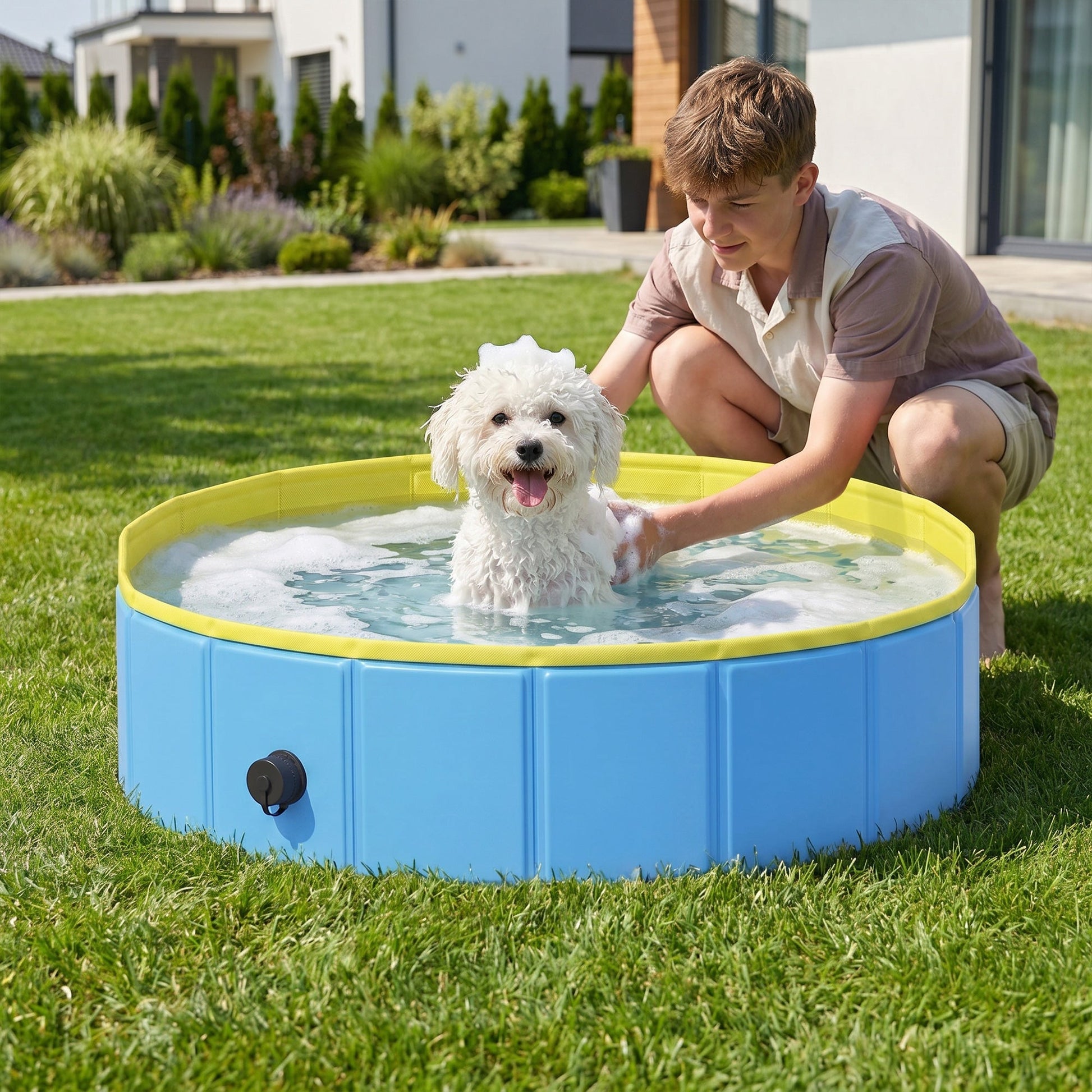 Foldable Dog Pool for Puppies and Ducks, Thickened PVC Dog Paddling Pool Bath Tub Hard Board, Anti-Slip Bottom and Hose Adapter for Easy Drainage, 80 x 20cm, Blue and Yellow