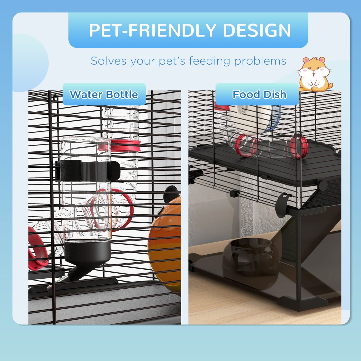 Large Hamster Cage, Gerbil Cage with Deep Glass Bottom, Tunnels, Non-Slip Ramps, Exercise Wheels, Water Bottle, Dish, 78.5 x 48.5 x 57cm