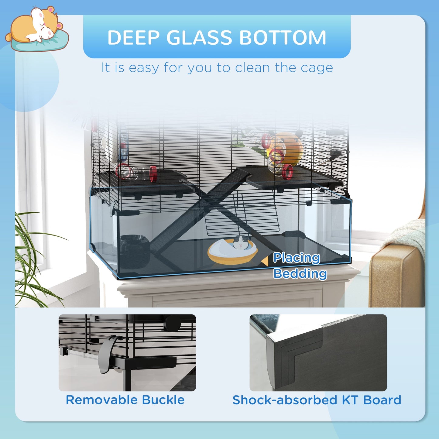 Large Hamster Cage, Gerbil Cage with Deep Glass Bottom, Tunnels, Non-Slip Ramps, Exercise Wheels, Water Bottle, Dish, 78.5 x 48.5 x 57cm