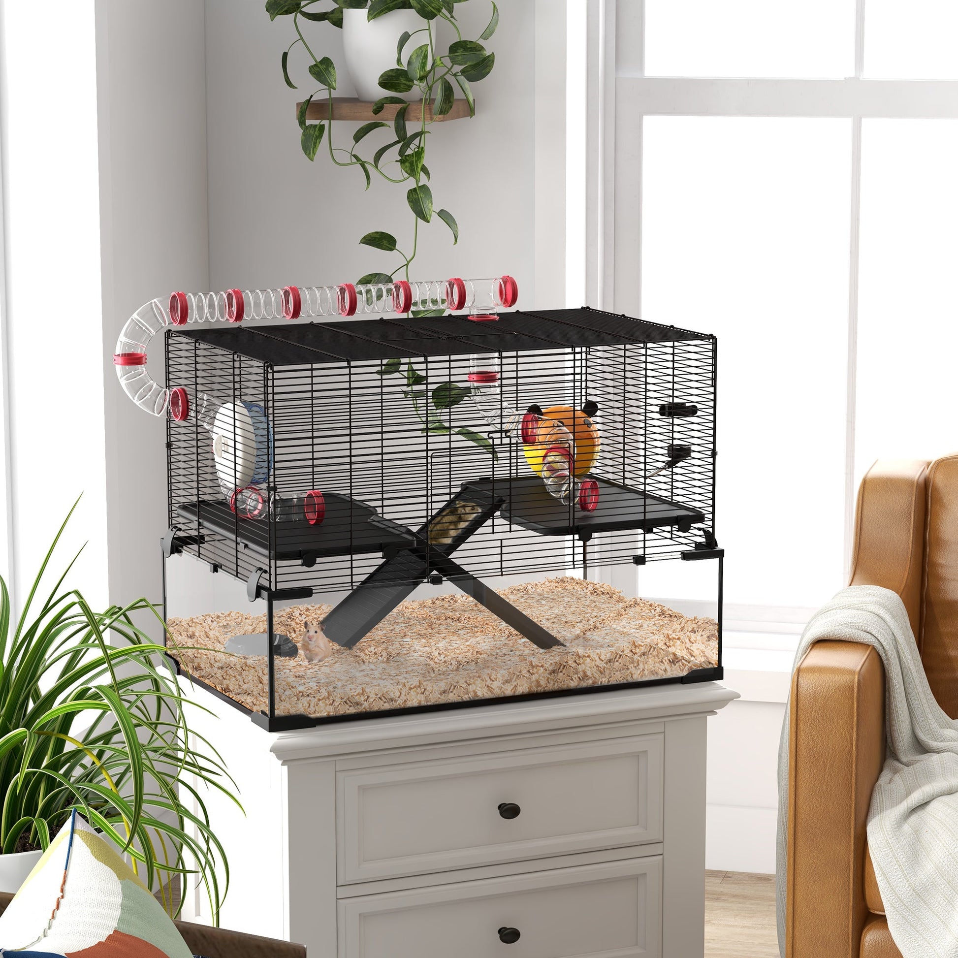 Large Hamster Cage, Gerbil Cage with Deep Glass Bottom, Tunnels, Non-Slip Ramps, Exercise Wheels, Water Bottle, Dish, 78.5 x 48.5 x 57cm