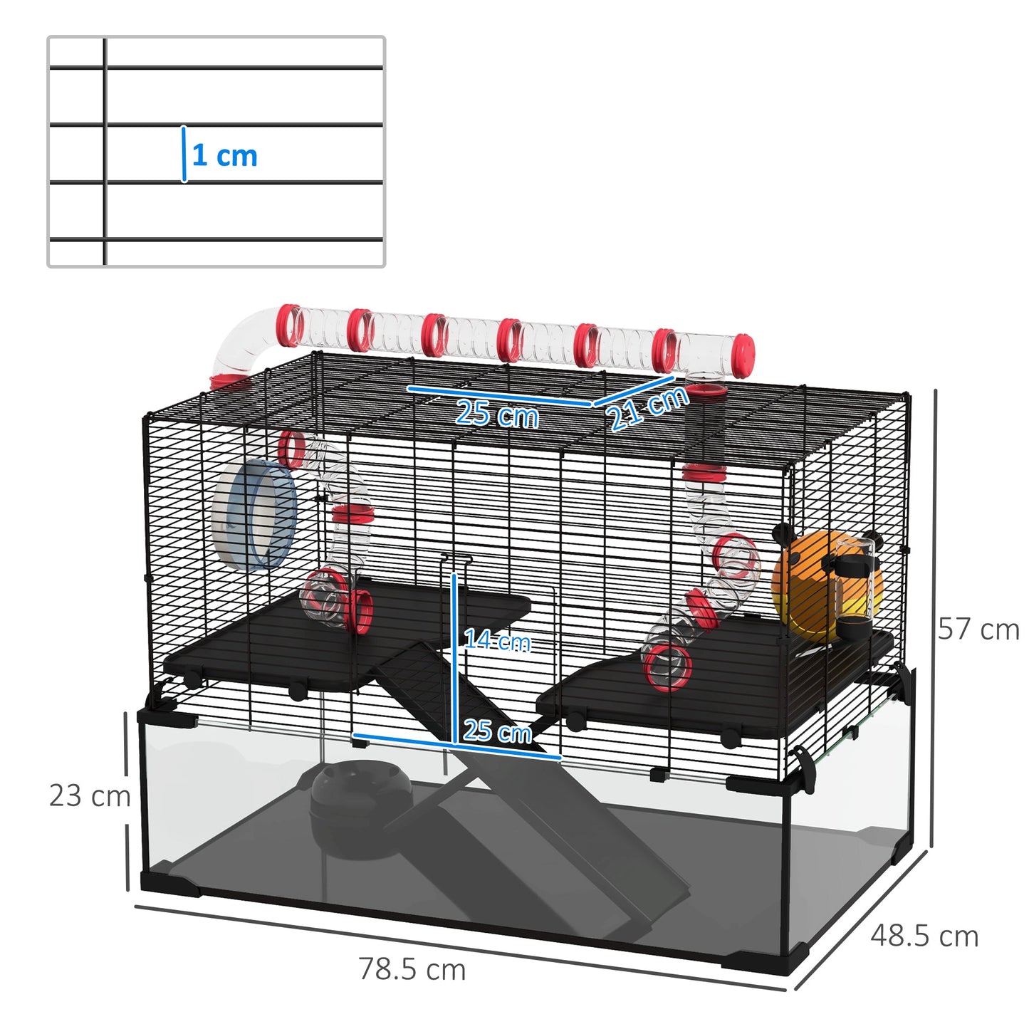 Large Hamster Cage, Gerbil Cage with Deep Glass Bottom, Tunnels, Non-Slip Ramps, Exercise Wheels, Water Bottle, Dish, 78.5 x 48.5 x 57cm