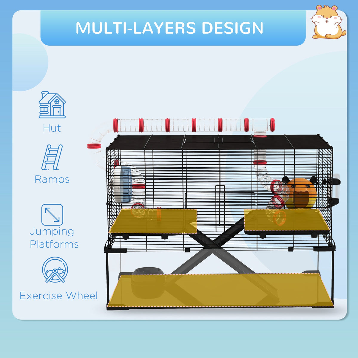 Large Hamster Cage, Gerbil Cage with Deep Glass Bottom, Tunnels, Non-Slip Ramps, Exercise Wheels, Water Bottle, Dish, 78.5 x 48.5 x 57cm