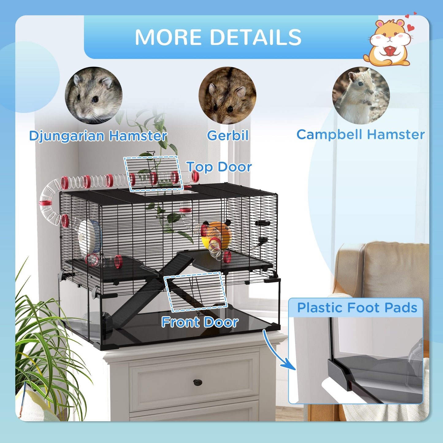 Large Hamster Cage, Gerbil Cage with Deep Glass Bottom, Tunnels, Non-Slip Ramps, Exercise Wheels, Water Bottle, Dish, 78.5 x 48.5 x 57cm