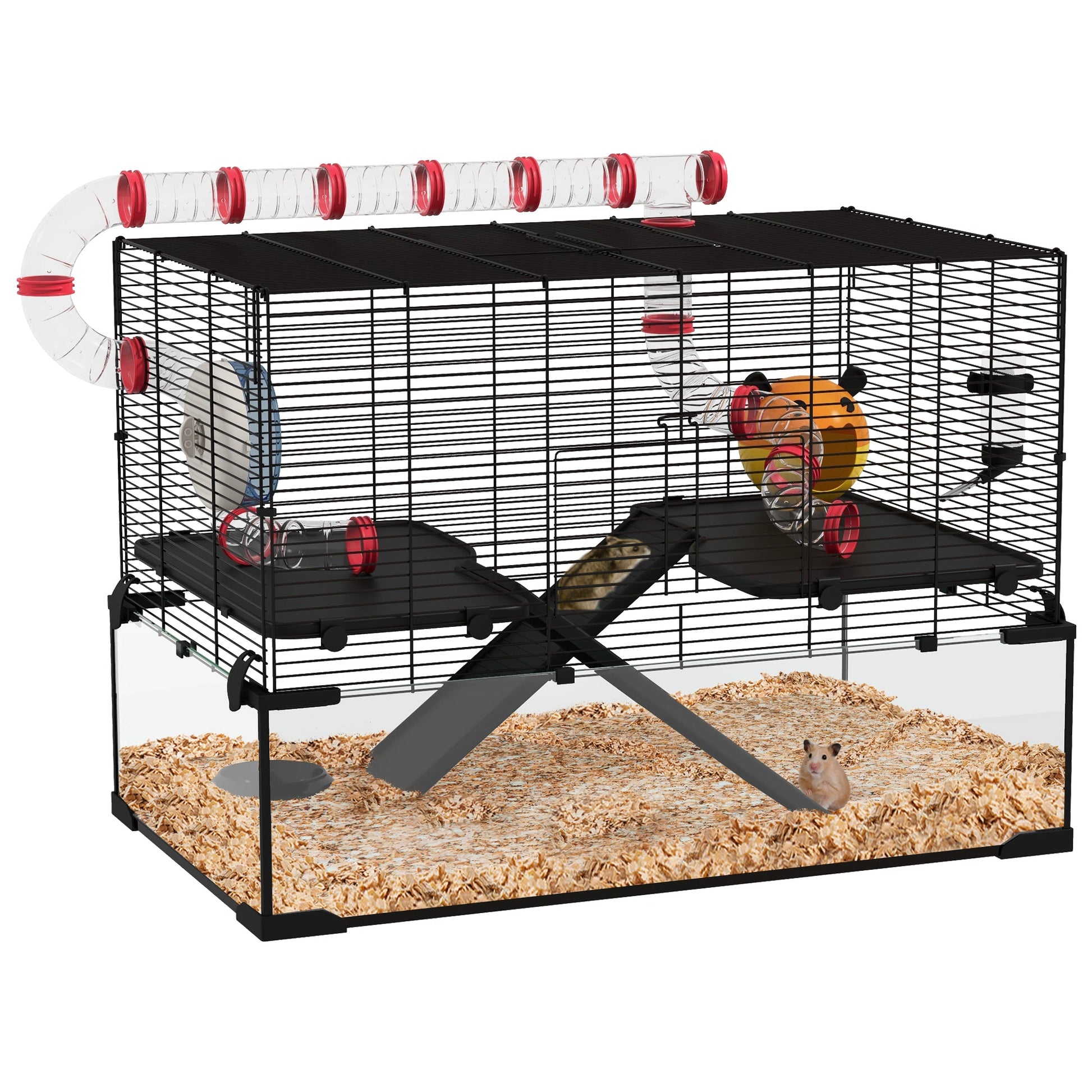 Large Hamster Cage, Gerbil Cage with Deep Glass Bottom, Tunnels, Non-Slip Ramps, Exercise Wheels, Water Bottle, Dish, 78.5 x 48.5 x 57cm