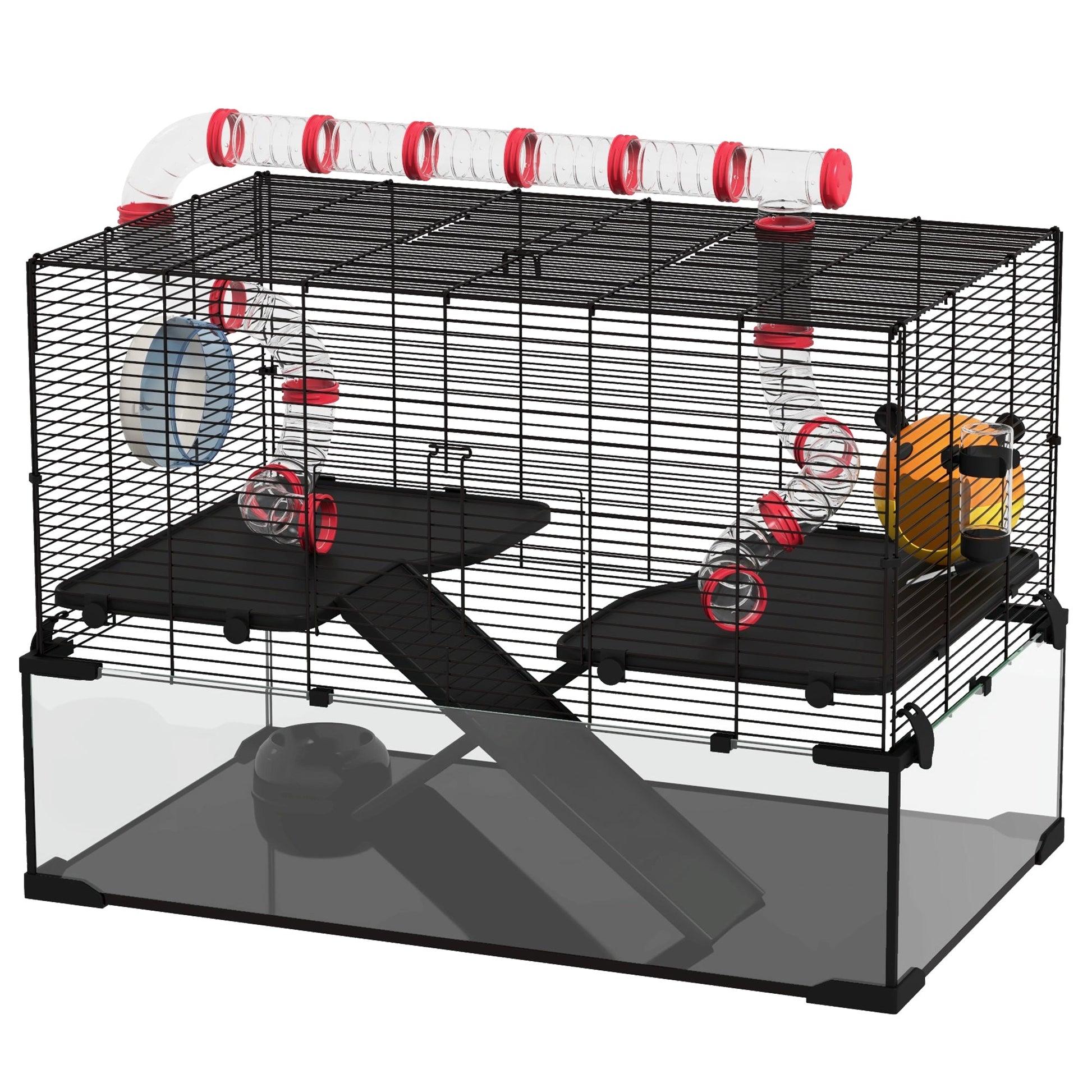 Large Hamster Cage, Gerbil Cage with Deep Glass Bottom, Tunnels, Non-Slip Ramps, Exercise Wheels, Water Bottle, Dish, 78.5 x 48.5 x 57cm