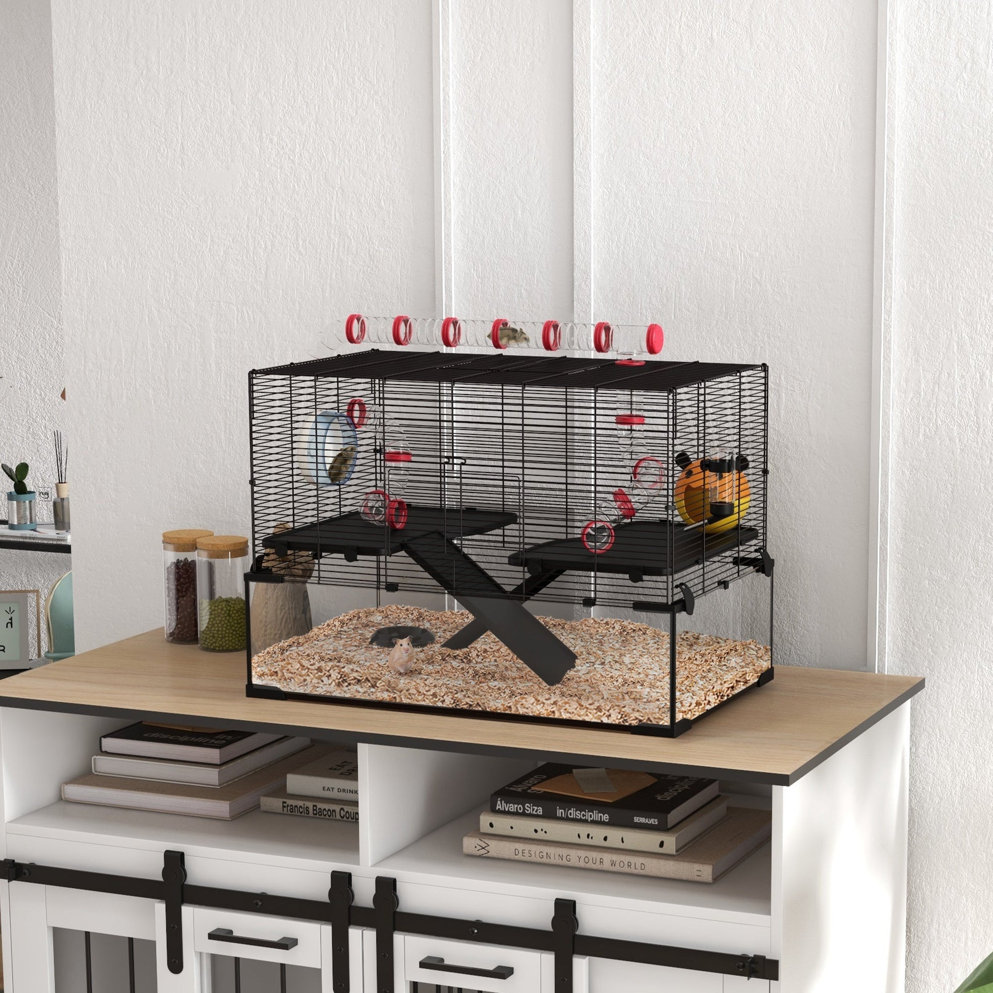 Large Hamster Cage, Gerbil Cage with Deep Glass Bottom, Tunnels, Non-Slip Ramps, Exercise Wheels, Water Bottle, Dish, 78.5 x 48.5 x 57cm
