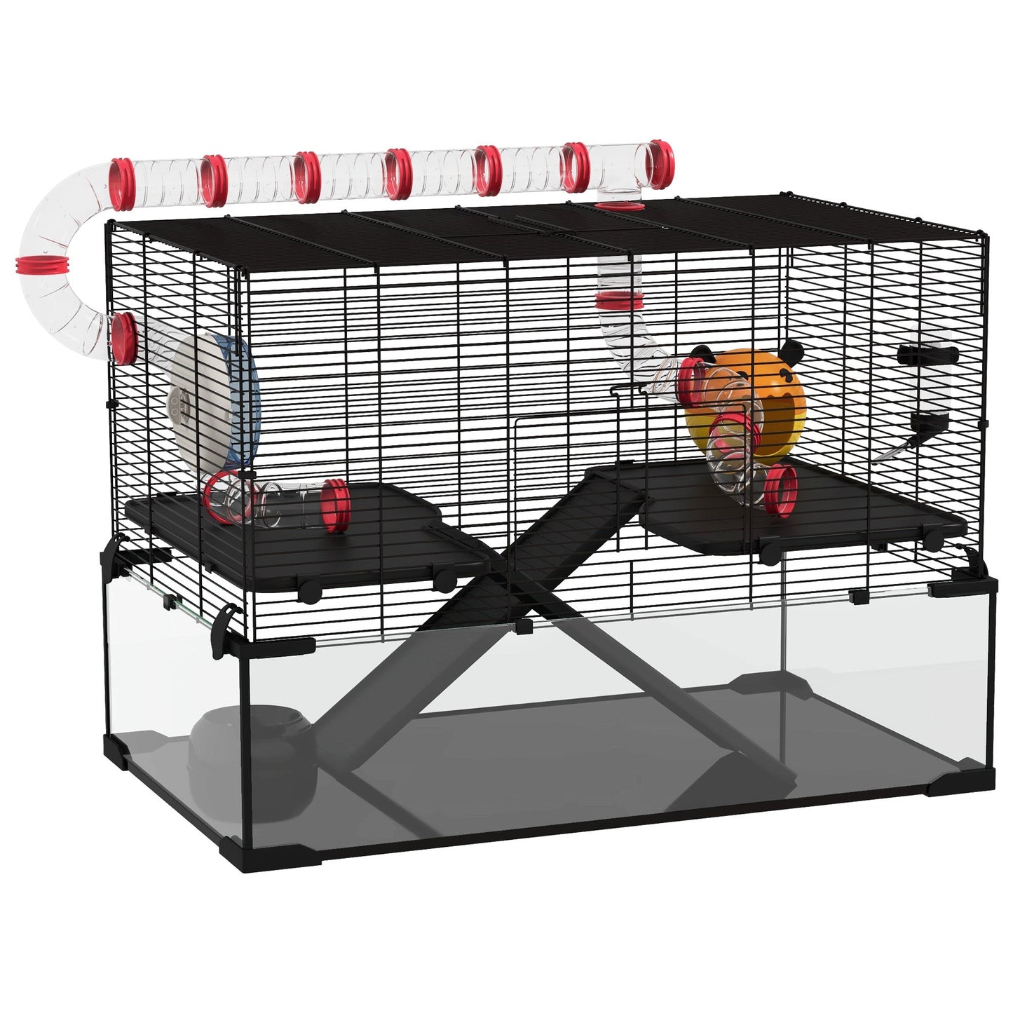 Large Hamster Cage, Gerbil Cage with Deep Glass Bottom, Tunnels, Non-Slip Ramps, Exercise Wheels, Water Bottle, Dish, 78.5 x 48.5 x 57cm